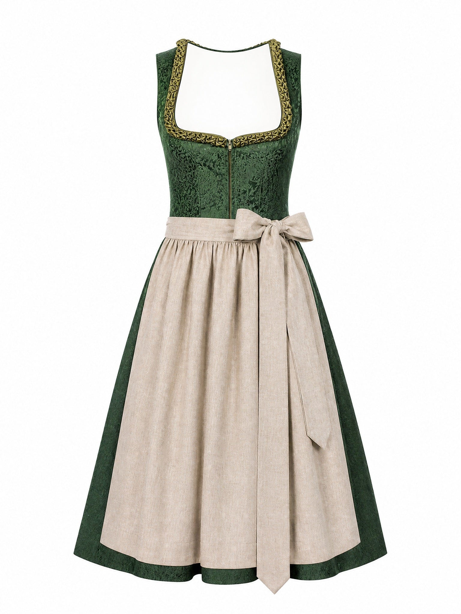 Dirndl Berit in Waldgrün mit Haferbeige Schürze - Vorderansicht