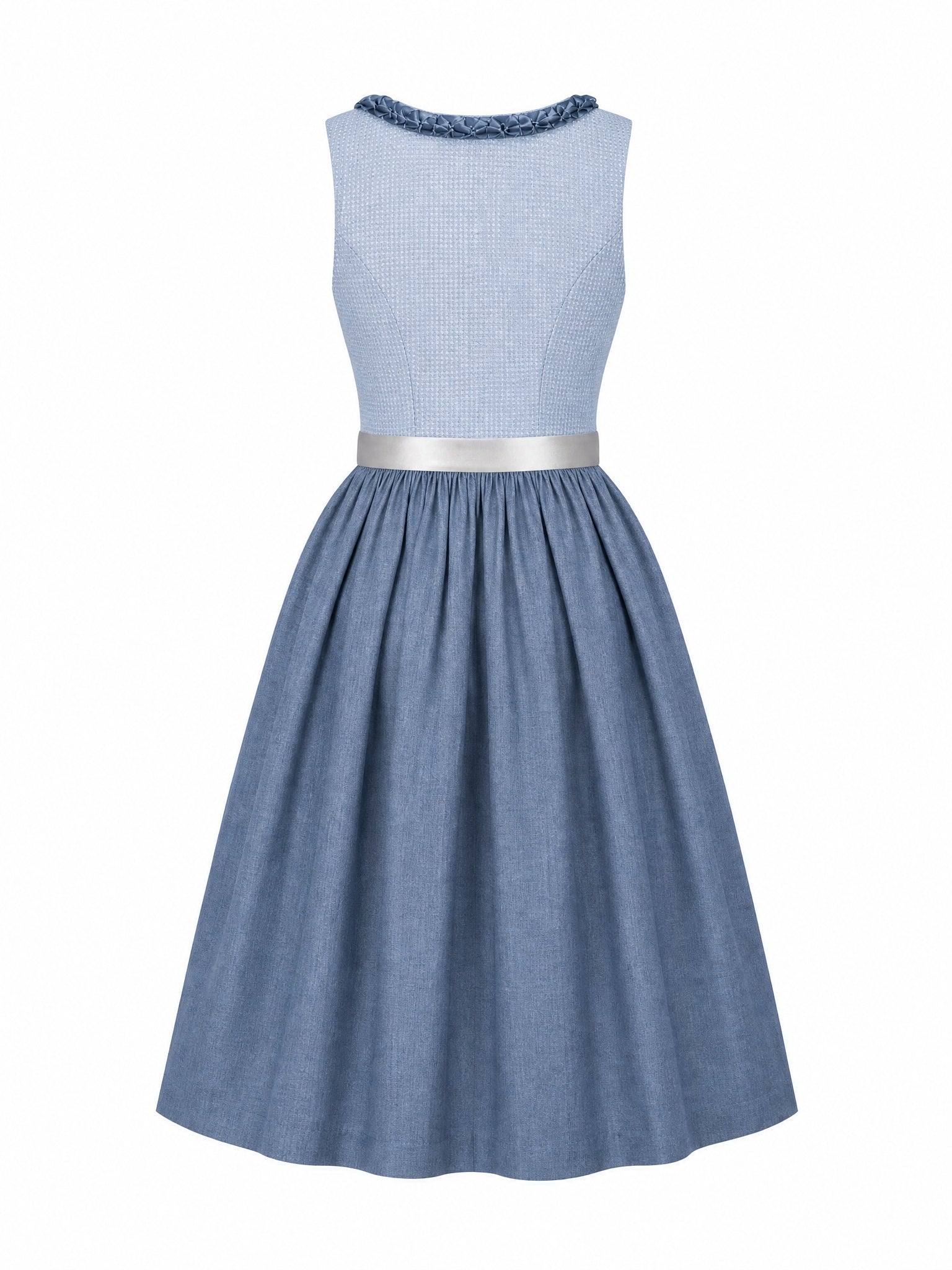 Dirndl Charlotte in Puderblau mit Silber Schürze - Rückansicht