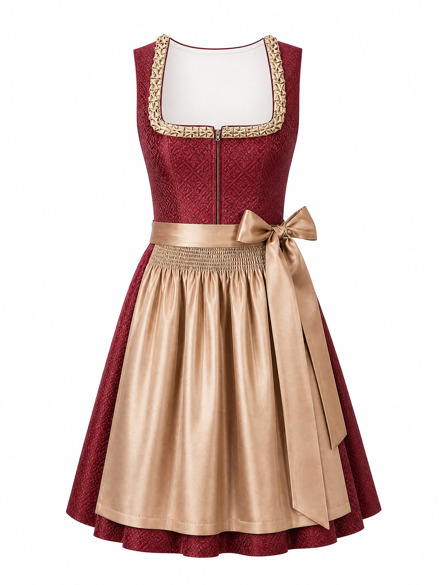 Dirndl Ella in Cranberryrot mit Antikgold Schürze - Vorderansicht
