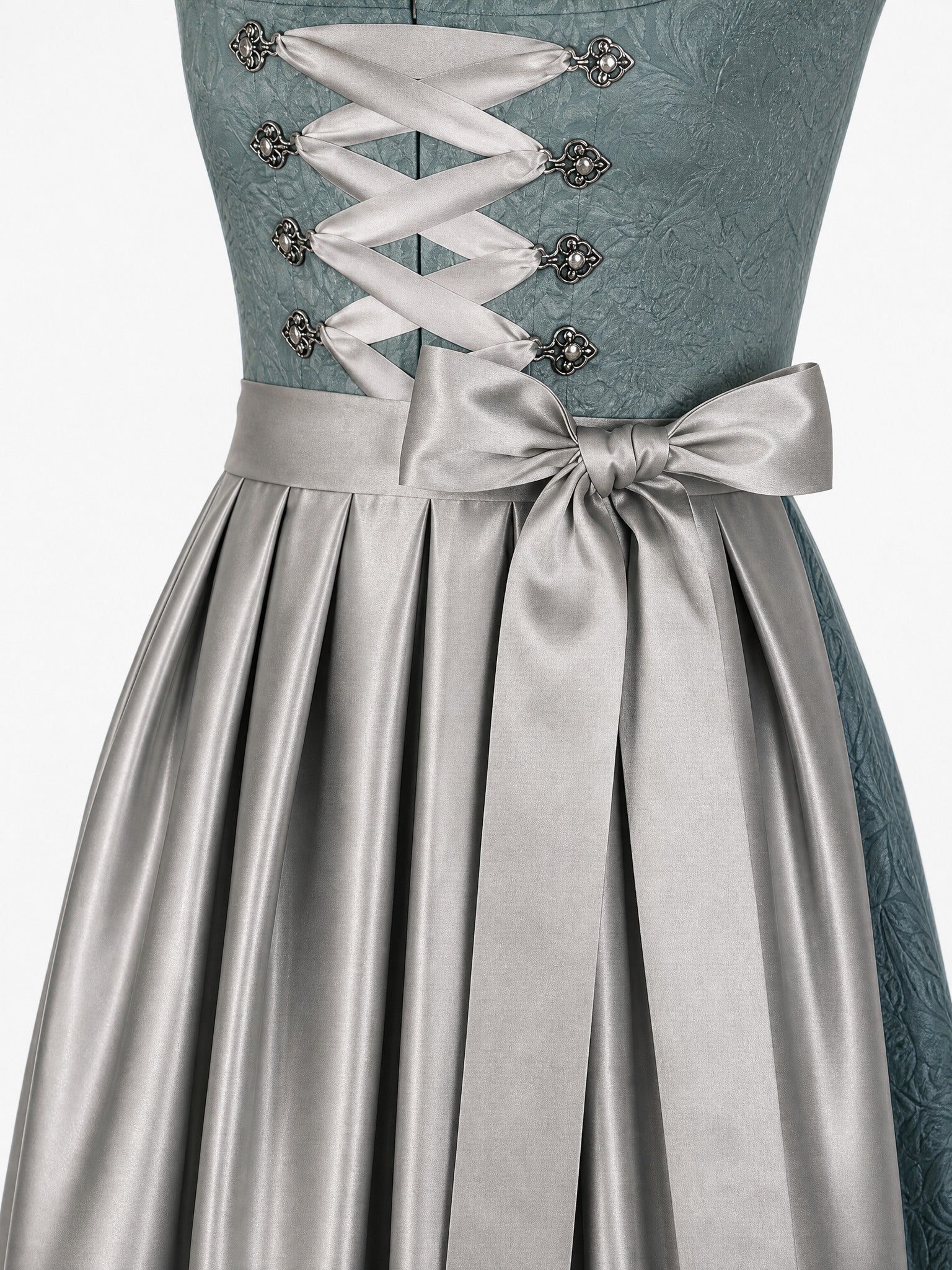Dirndl Johanna in Rauchpetrol mit Pewtergrau Schürze - Detailansicht Taille und Schleife