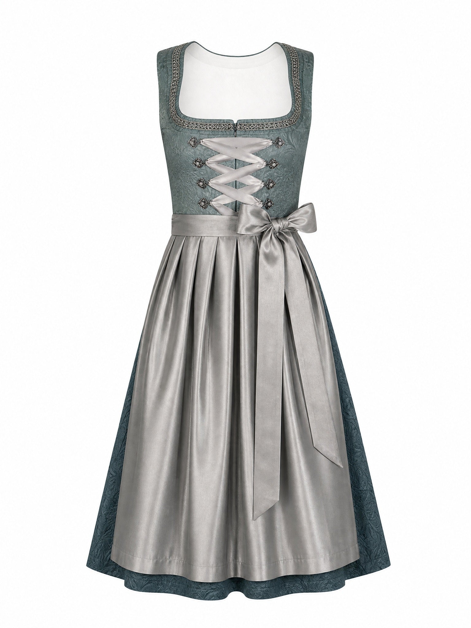 Dirndl Johanna in Rauchpetrol mit Pewtergrau Schürze - Vorderansicht