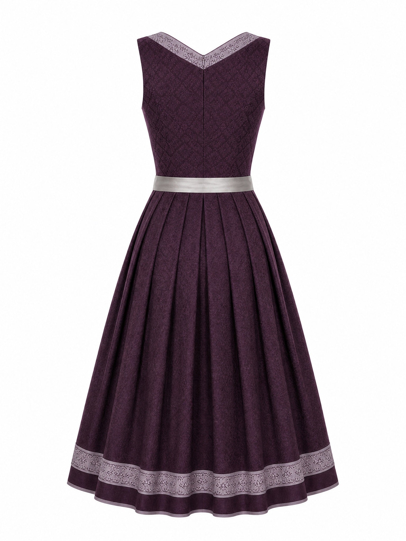 Dirndl Marlene in Aubergine mit Perlgrau Schürze - Rückansicht