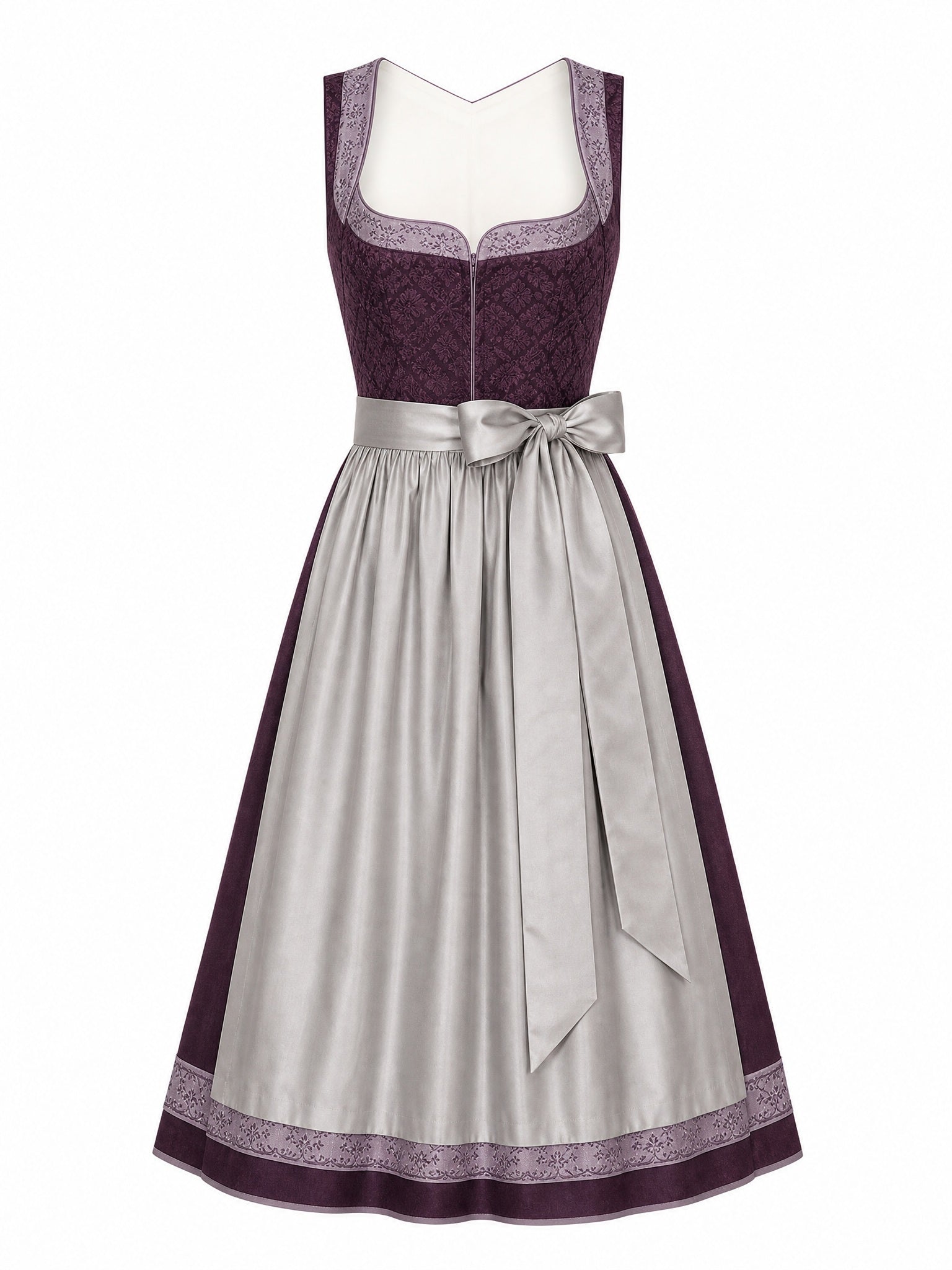 Dirndl Marlene in Aubergine mit Perlgrau Schürze - Vorderansicht