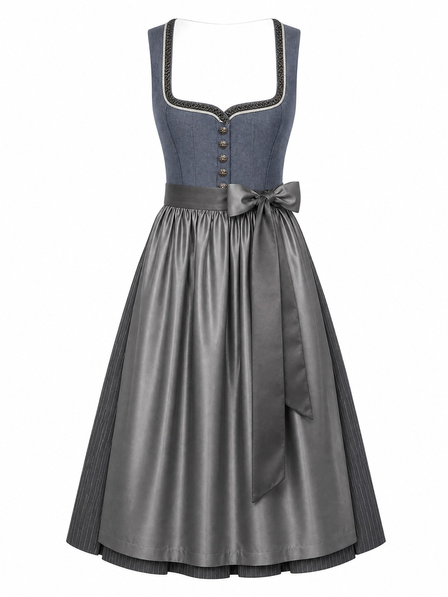 Dirndl Nela in Stahlblau mit Sturmgrau Schürze - Vorderansicht