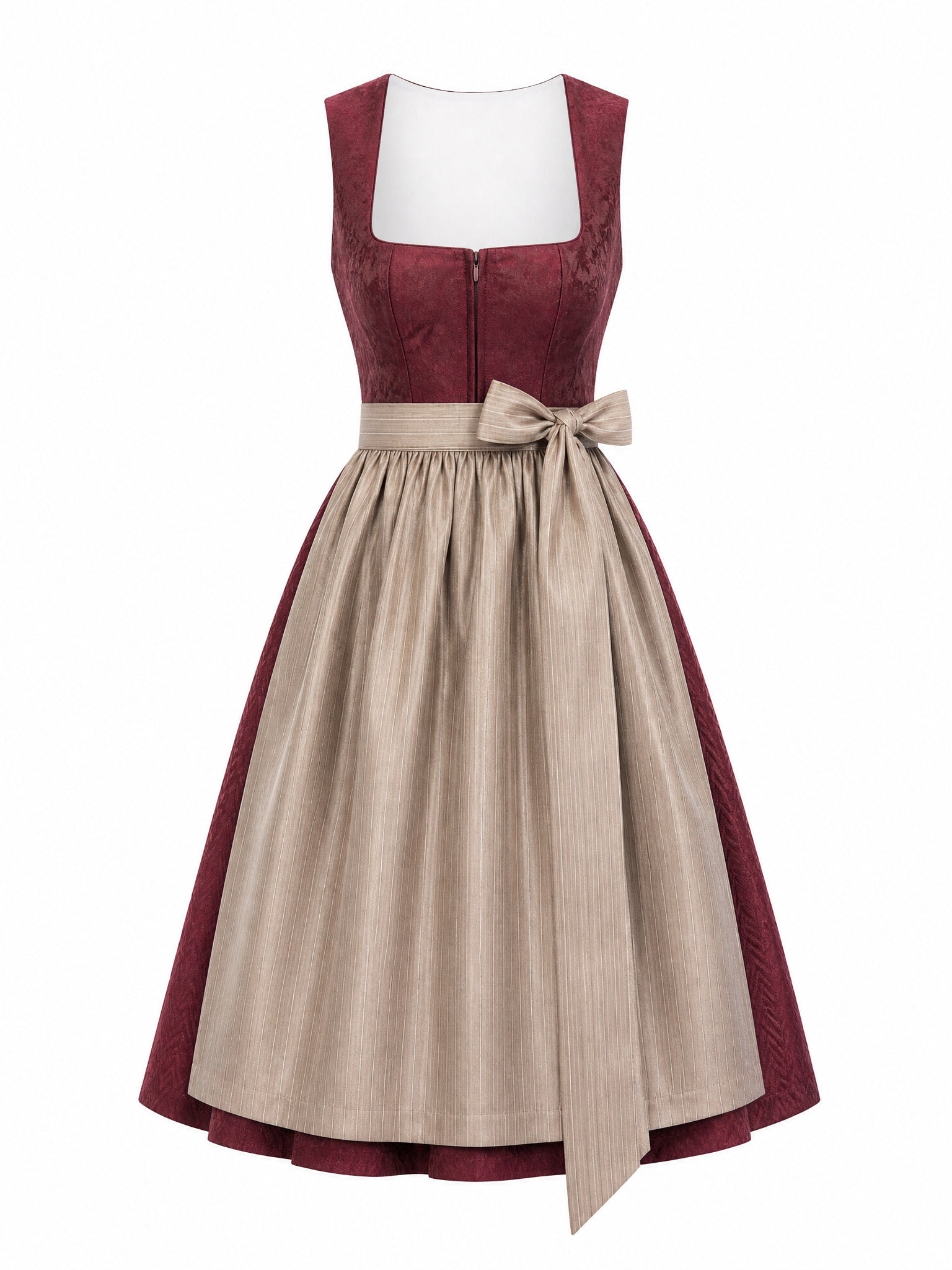 Dirndl Pia in Weinrot mit Taupe Schürze - Vorderansicht