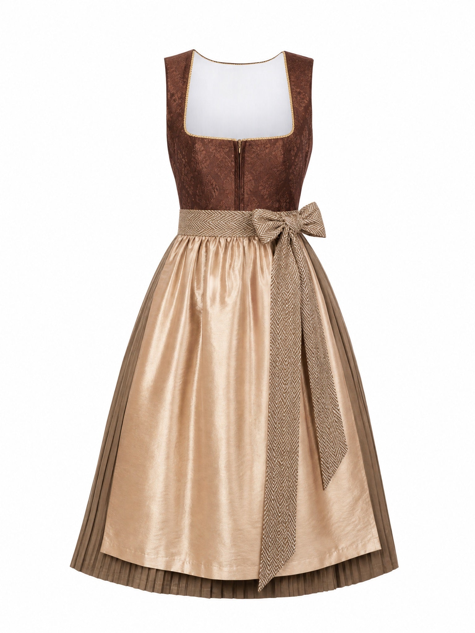 Dirndl Romy in Sienabraun mit Champagner Schürze - Vorderansicht