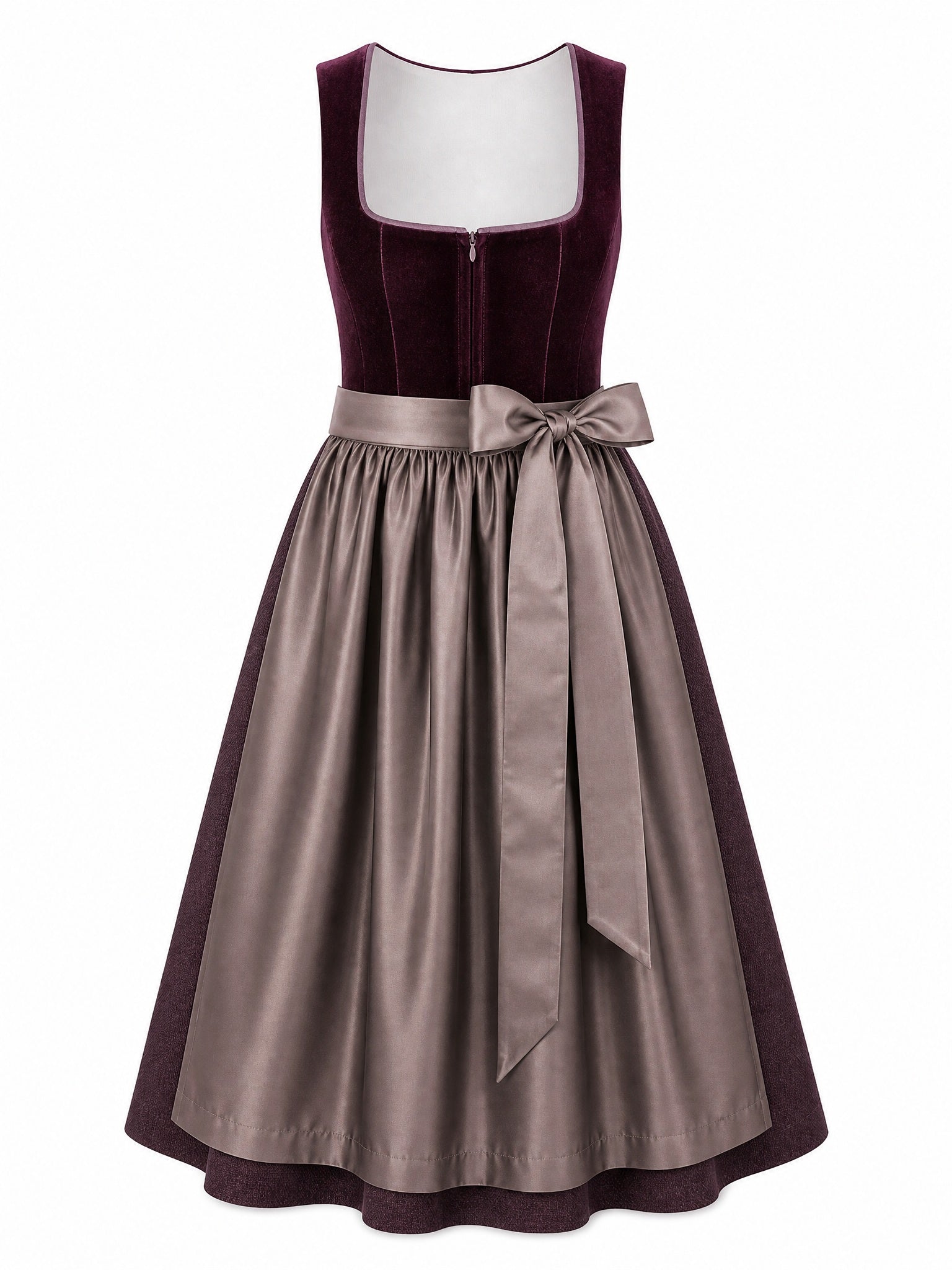 Dirndl Amelia in Brombeere mit Taupe Schürze - Vorderansicht