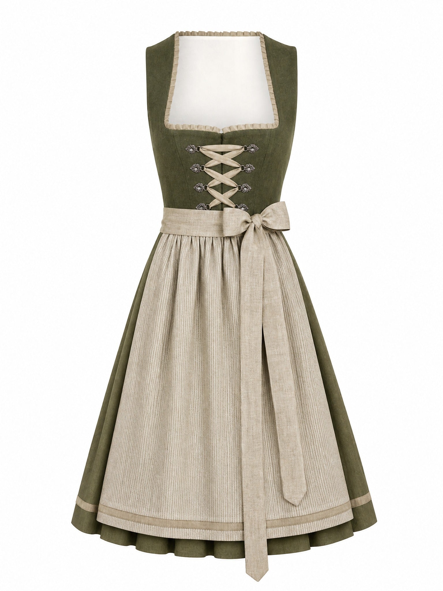 Dirndl Antonia in Dunkeloliv mit Flachs Schürze - Vorderansicht