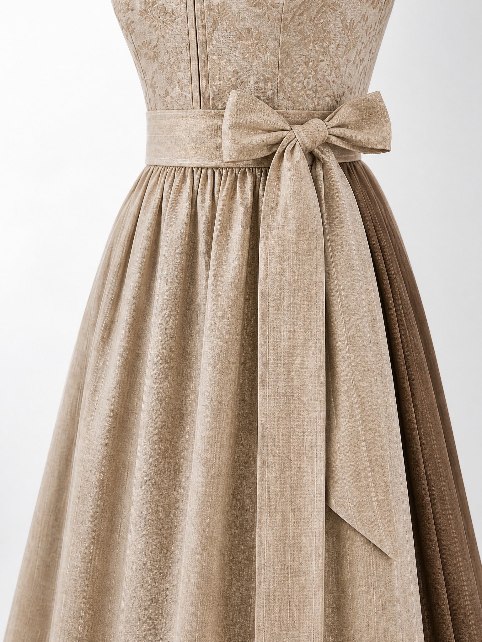 Dirndl Elisa in Haferbeige mit Warmer Sand Schürze - Detailansicht Taille und Schleife