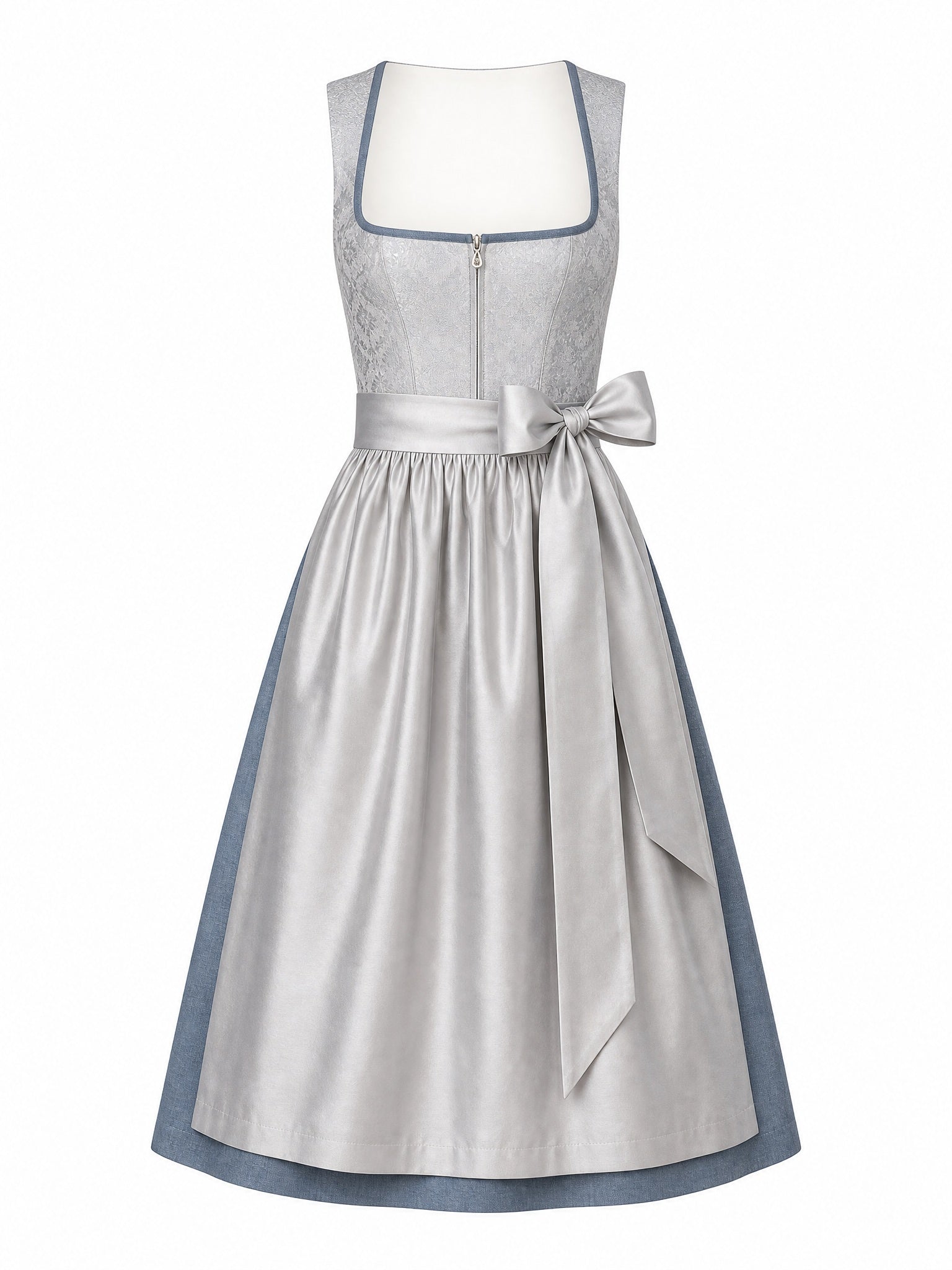 Dirndl Enna in Silberblau mit Perlgrau Schürze - Vorderansicht
