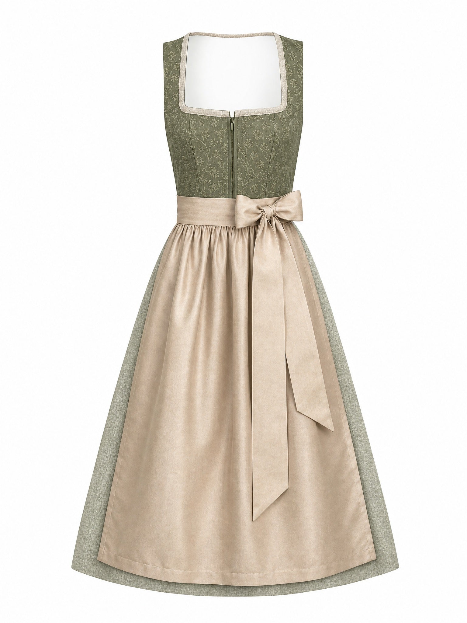 Dirndl Julia in Moosgrün mit Warmer Sand Schürze - Vorderansicht