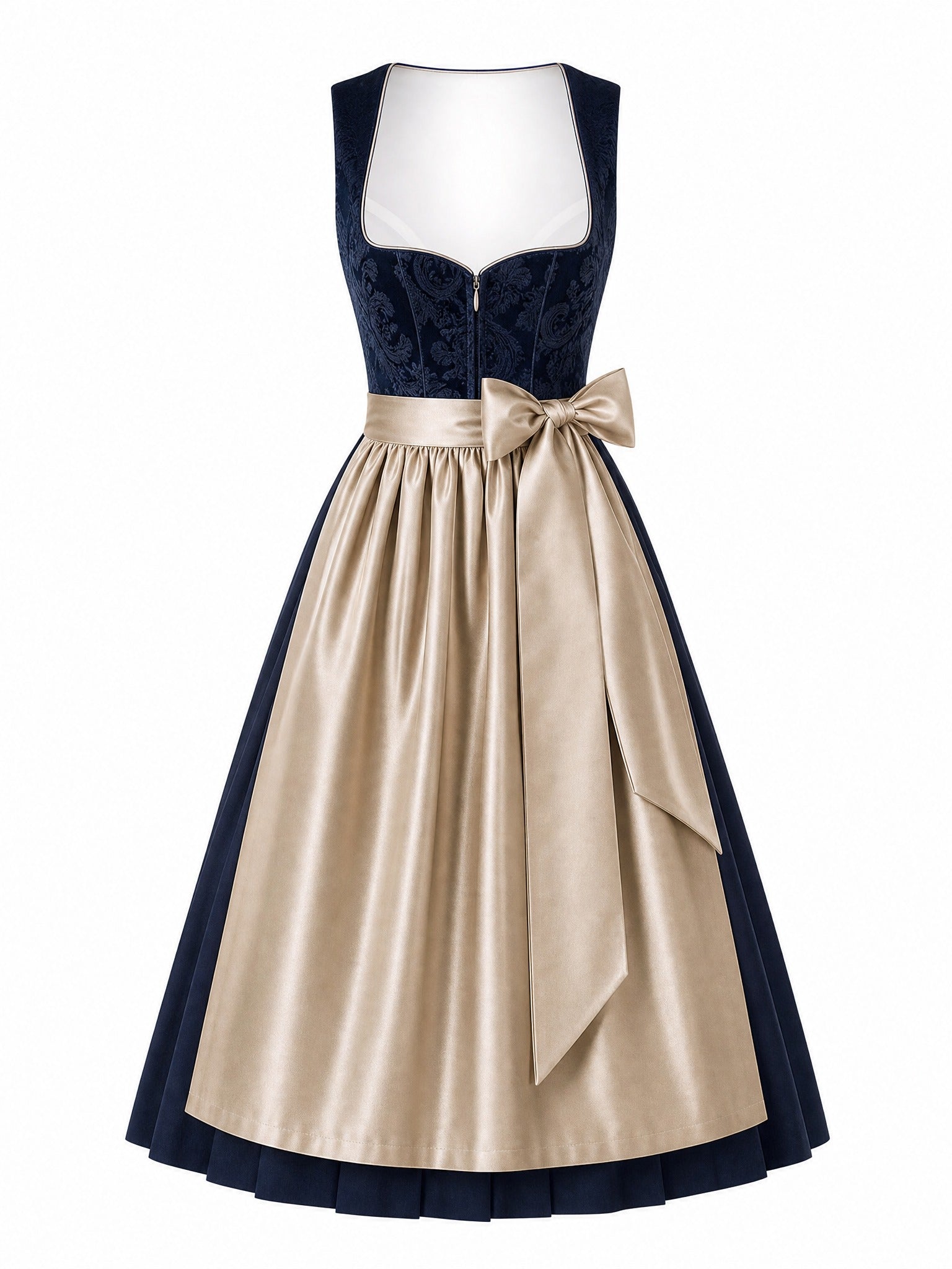 Dirndl Paula in Mitternachtsblau mit Champagner Schürze - Vorderansicht