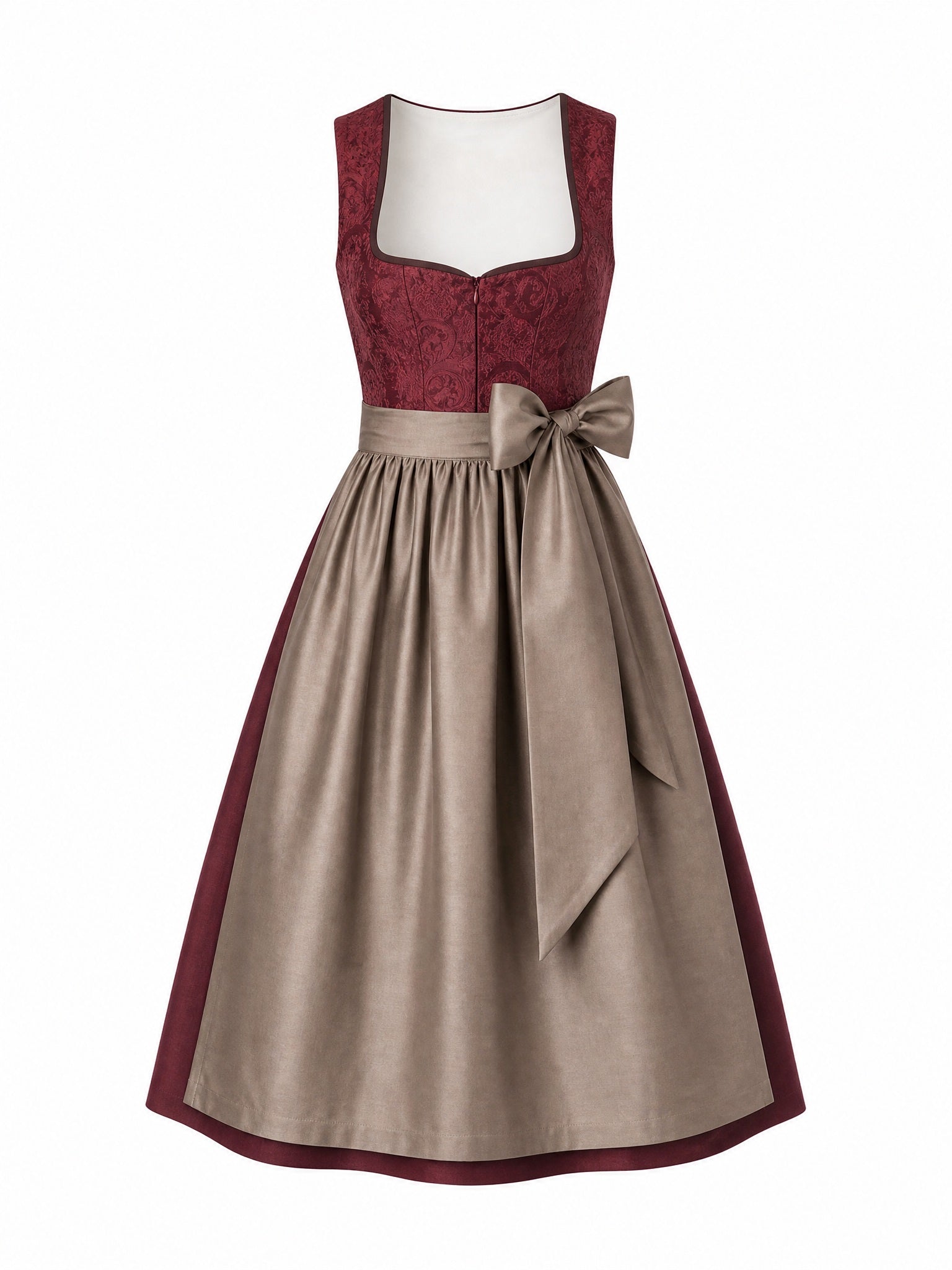 Dirndl Valerie in Weinrot mit Taupe Schürze - Vorderansicht