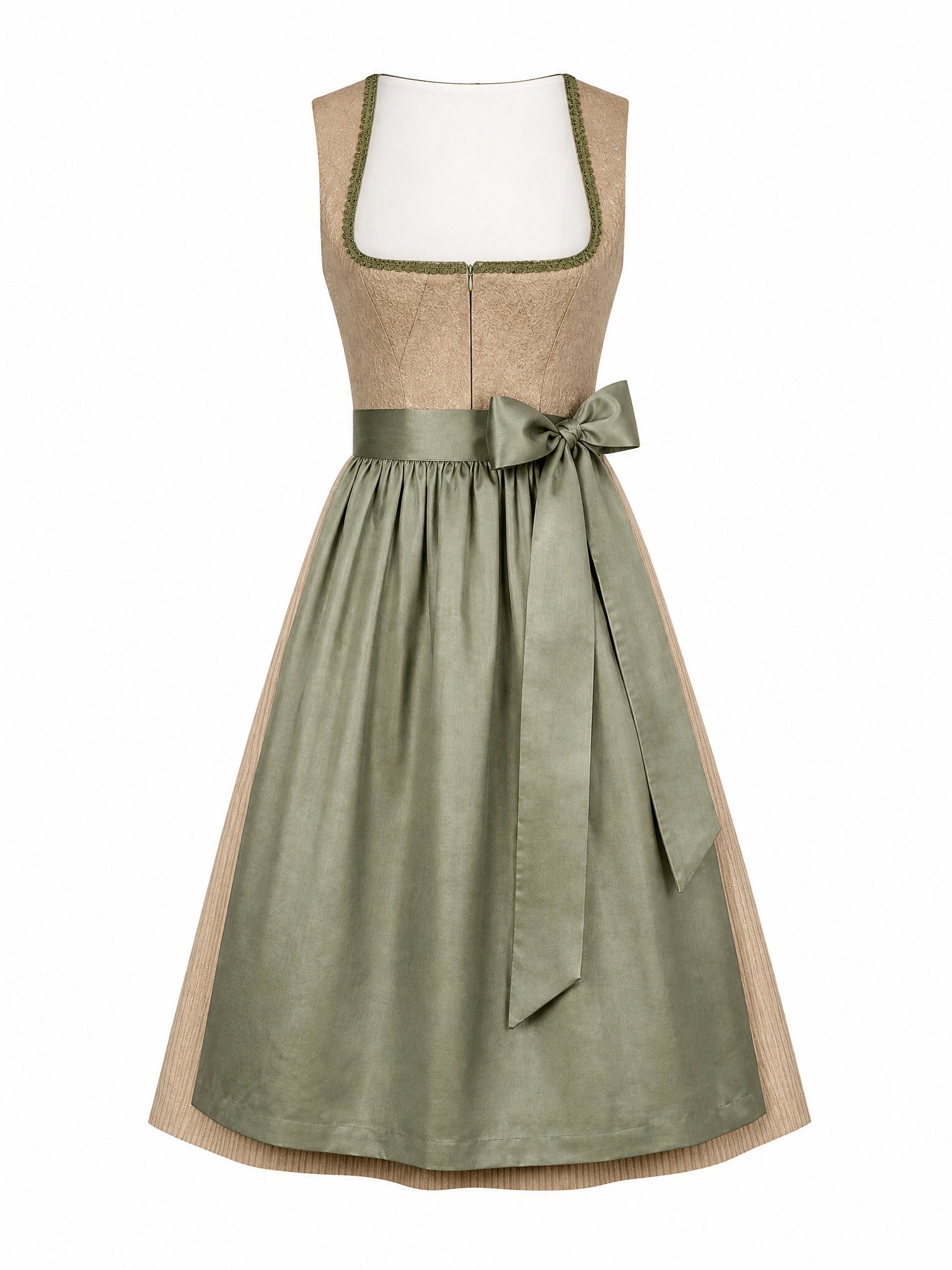 Dirndl Alina in Tonbeige mit Eukalyptusgrün Schürze - Vorderansicht