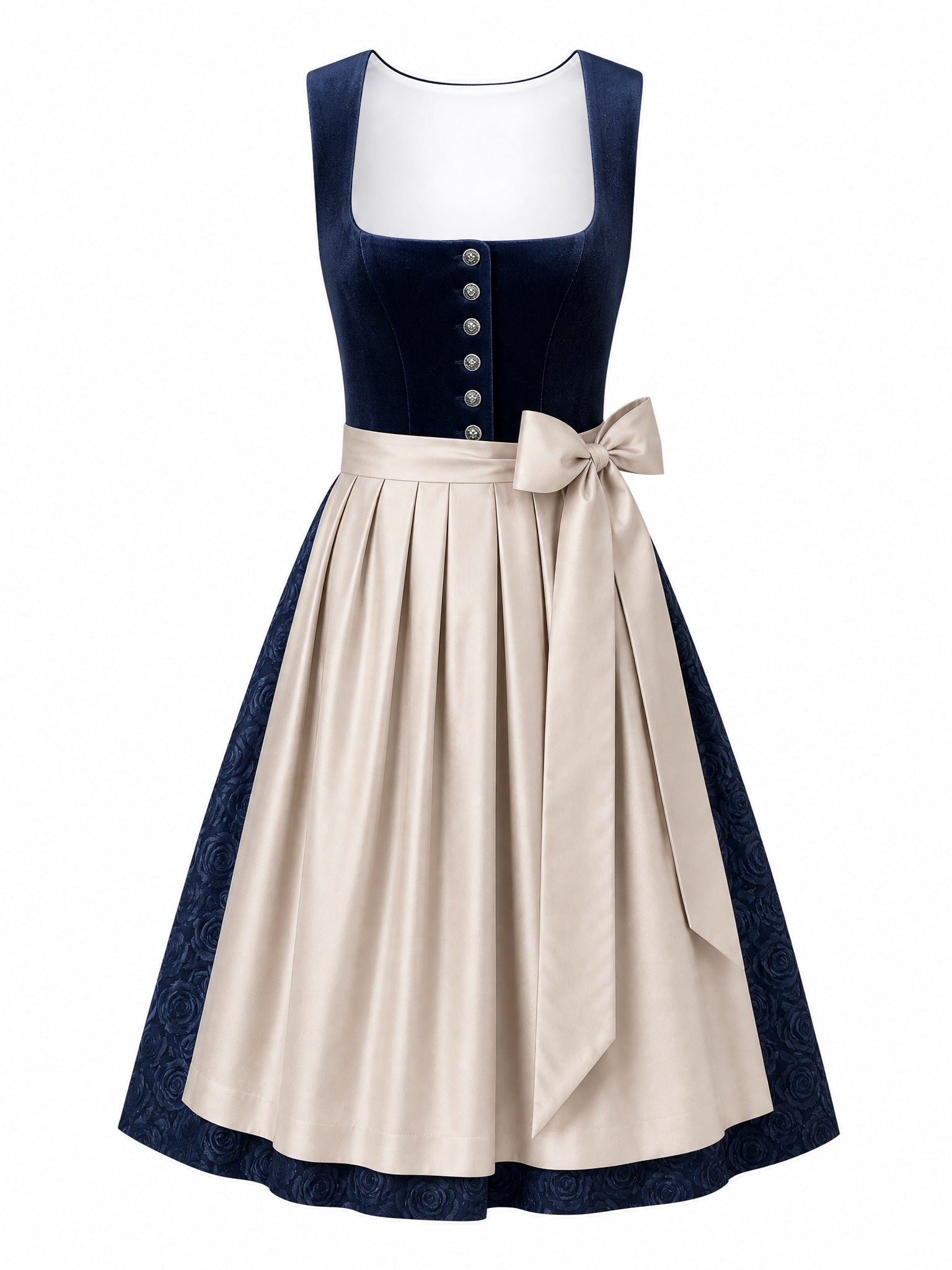 Dirndl Anika in Beigegrau mit Champagner Schürze - Vorderansicht