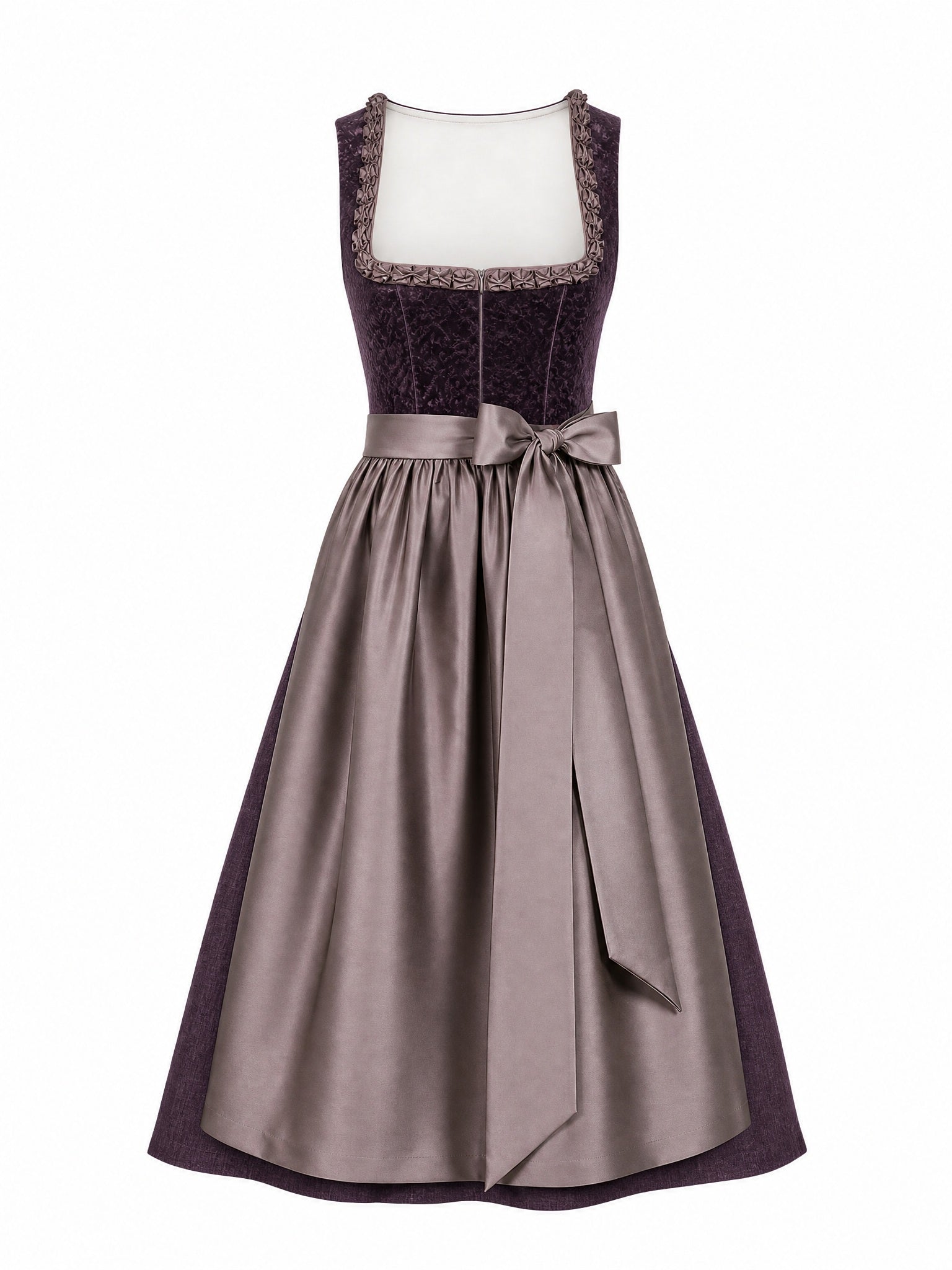 Dirndl Charlotte in Brombeere mit Taupe Schürze - Vorderansicht