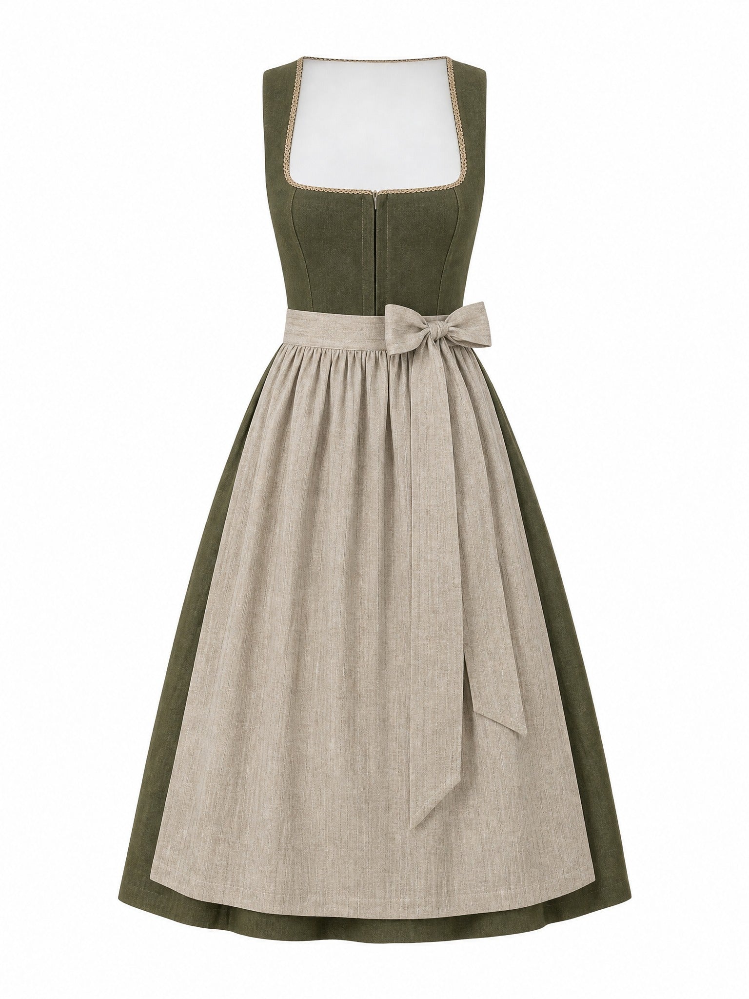 Dirndl Elisa in Dunkeloliv mit Flachs Schürze - Vorderansicht