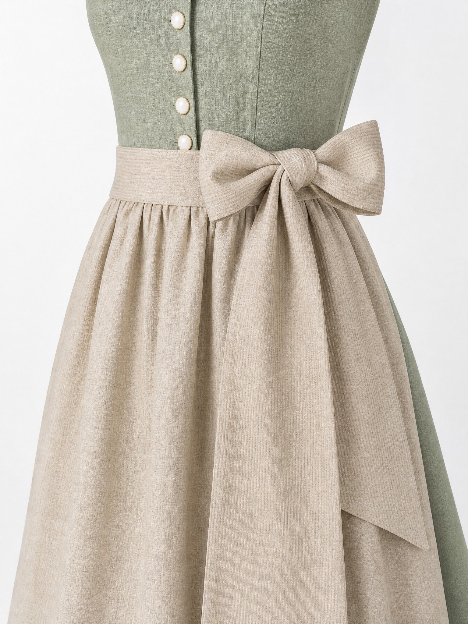 Dirndl Jana in Eukalyptusgrün mit Warmer Sand Schürze - Detailansicht Taille und Schleife