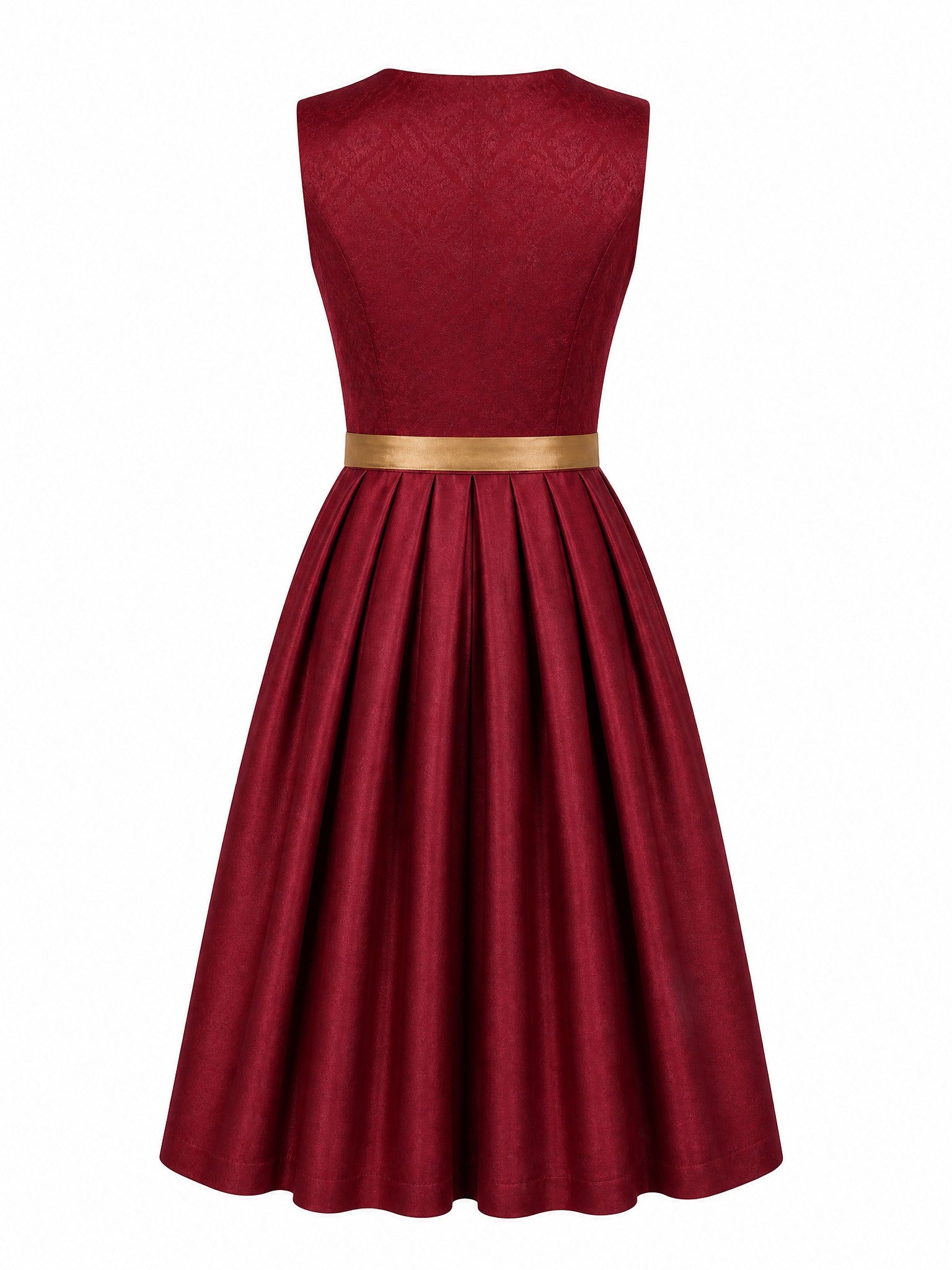Dirndl Mia in Cranberryrot mit Antikgold Schürze - Rückansicht