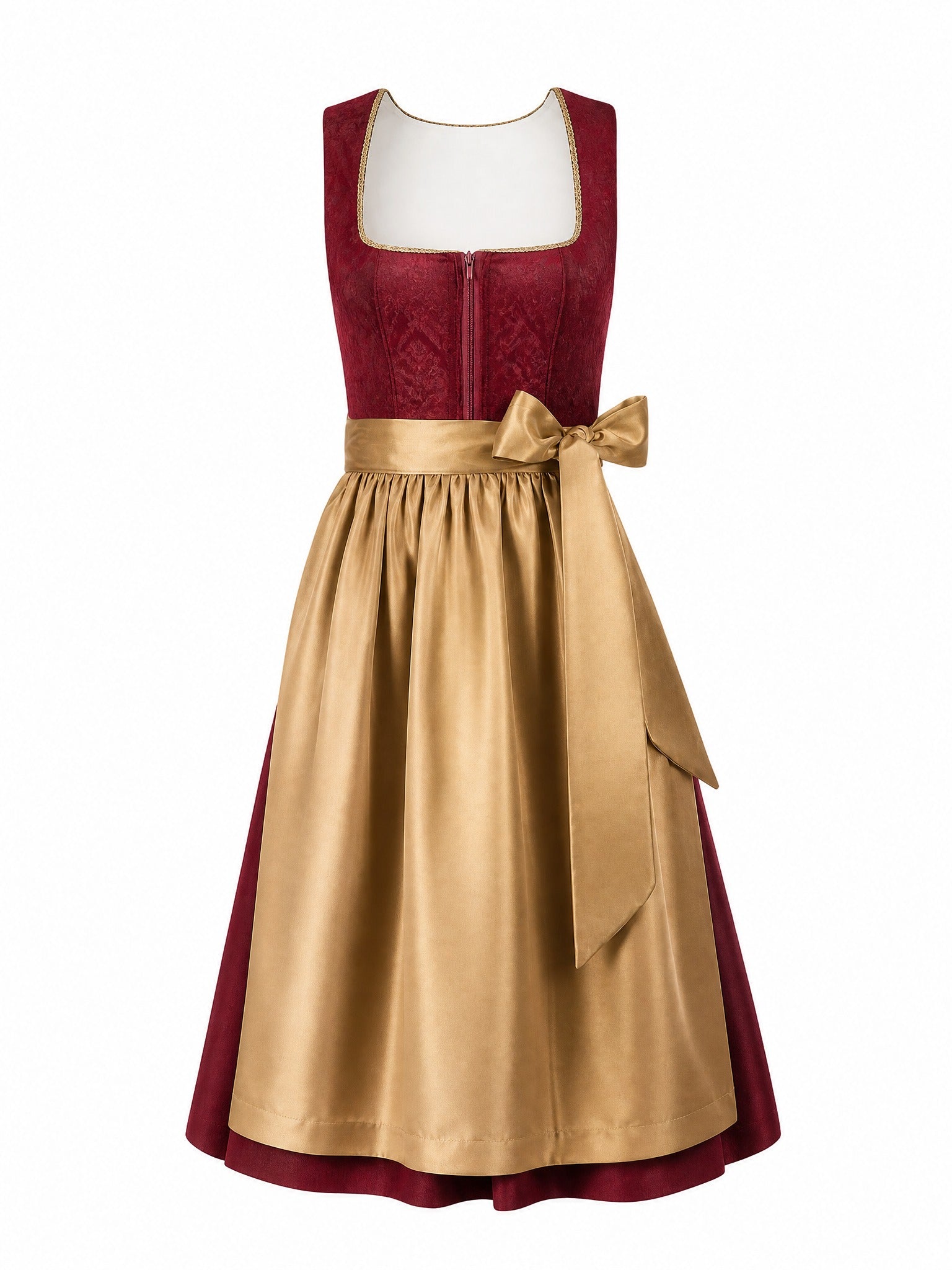 Dirndl Mia in Cranberryrot mit Antikgold Schürze - Vorderansicht