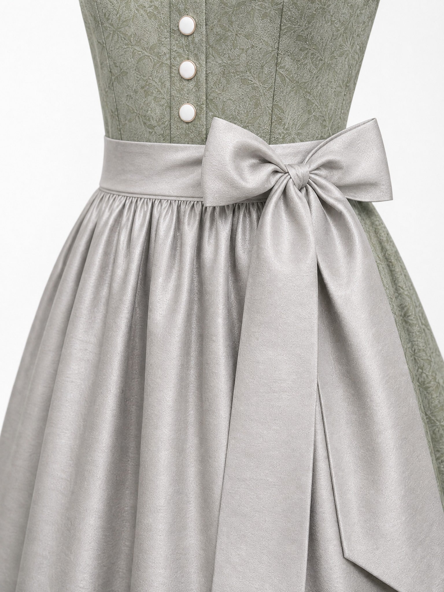 Dirndl Rica in Salbeigrün mit Perlgrau Schürze - Detailansicht Taille und Schleife