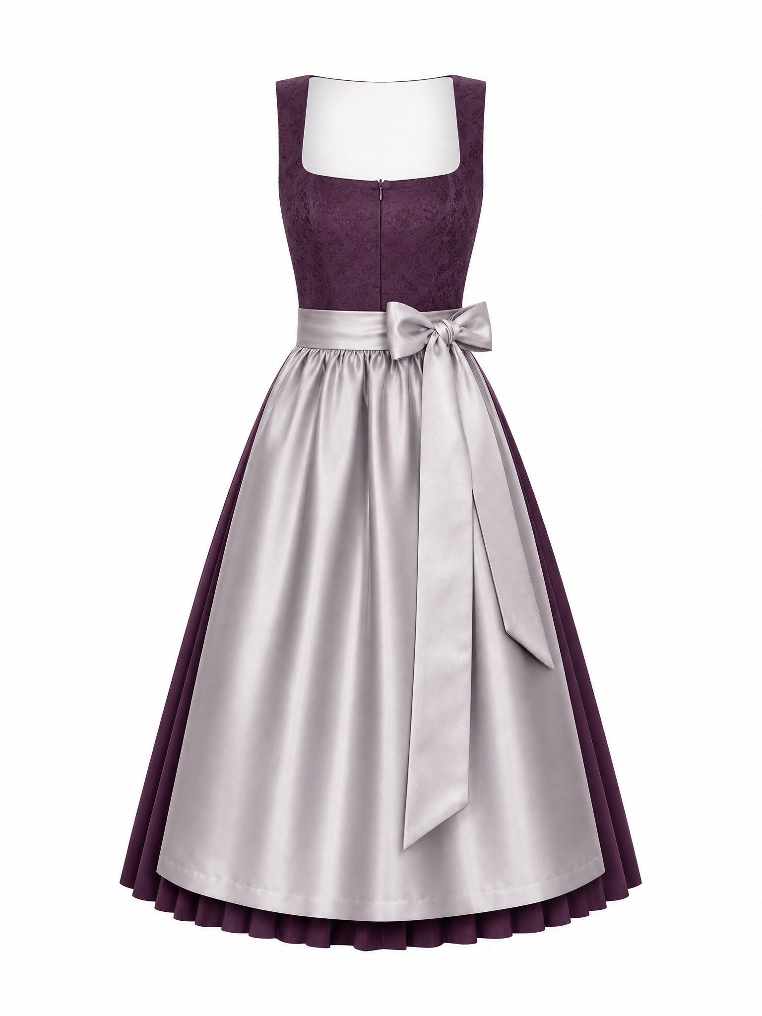 Dirndl Valerie in Aubergine mit Perlgrau Schürze - Vorderansicht