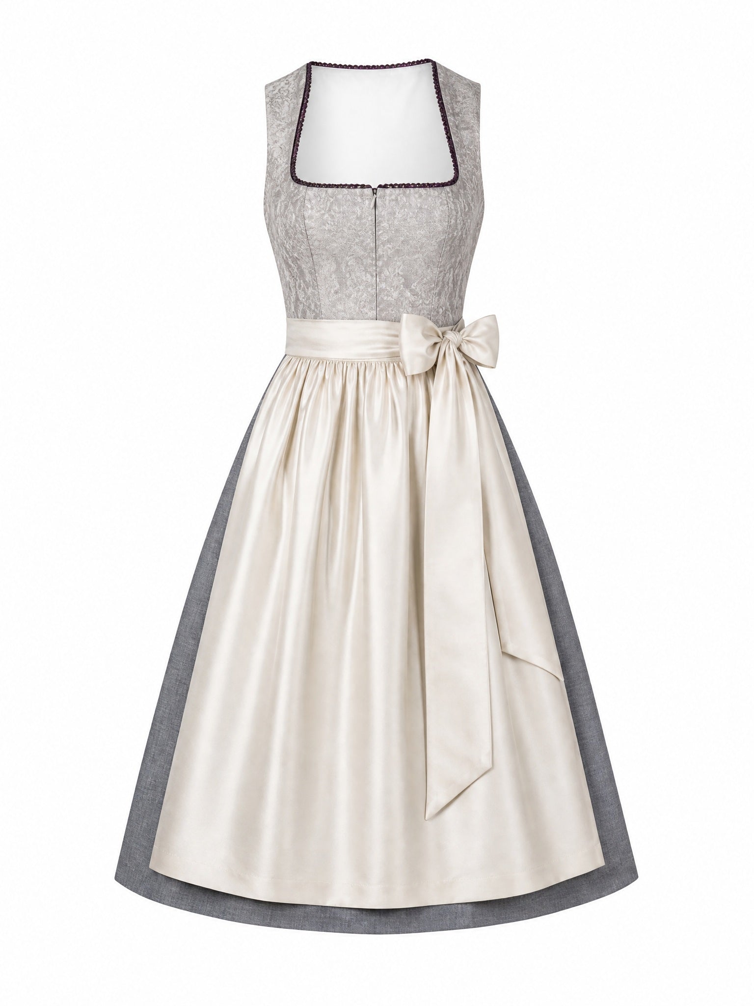 Dirndl Carolin in Perlgrau mit Elfenbein Schürze - Vorderansicht