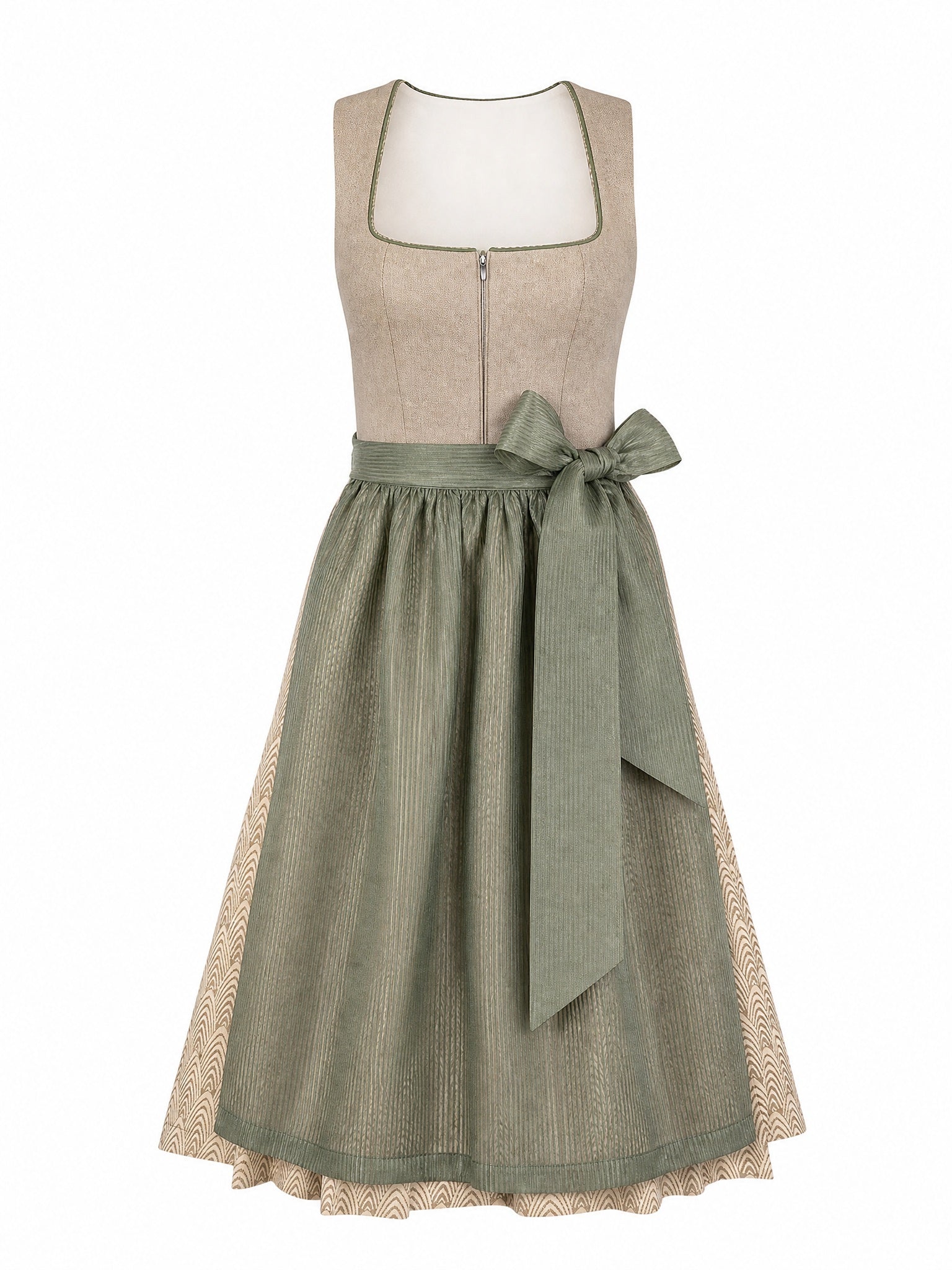 Dirndl Daria in Eukalyptusgrün mit Warmer Sand Schürze - Vorderansicht