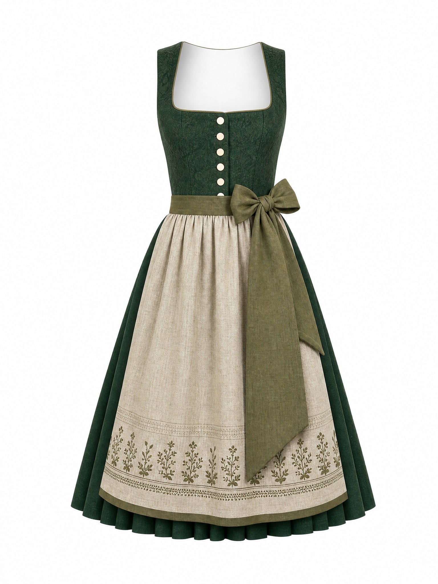 Dirndl Freya in Waldgrün mit Haferbeige Schürze - Vorderansicht