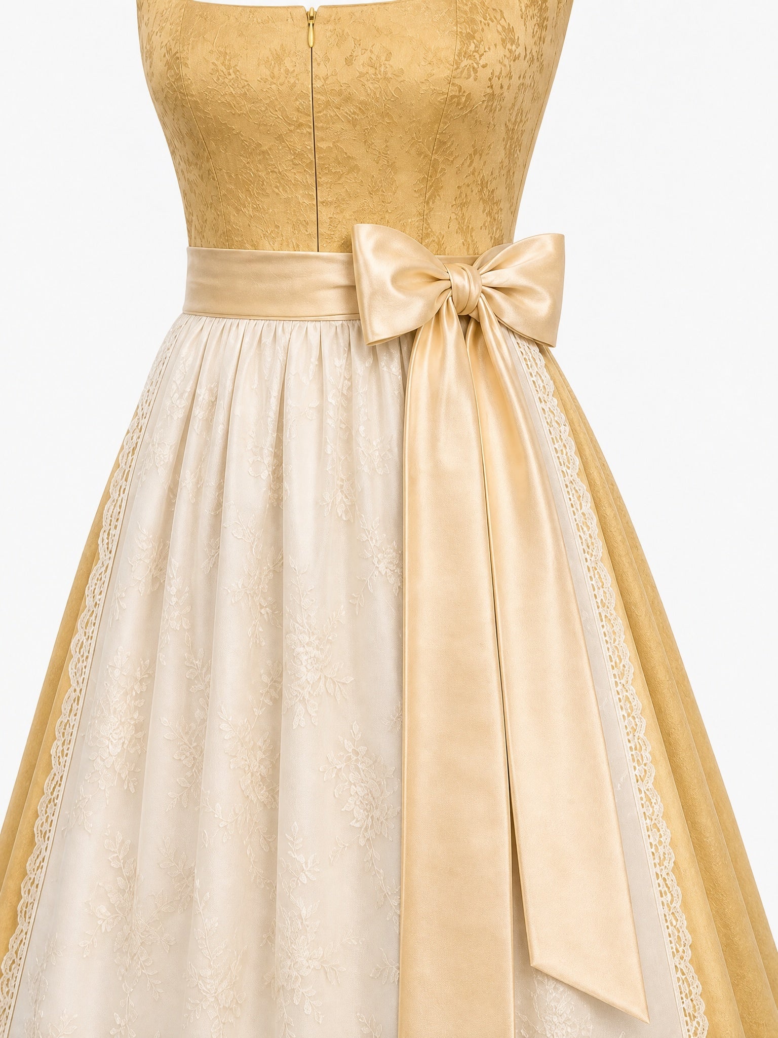 Dirndl Julia in Weizengold mit Elfenbein Schürze - Detailansicht Taille und Schleife
