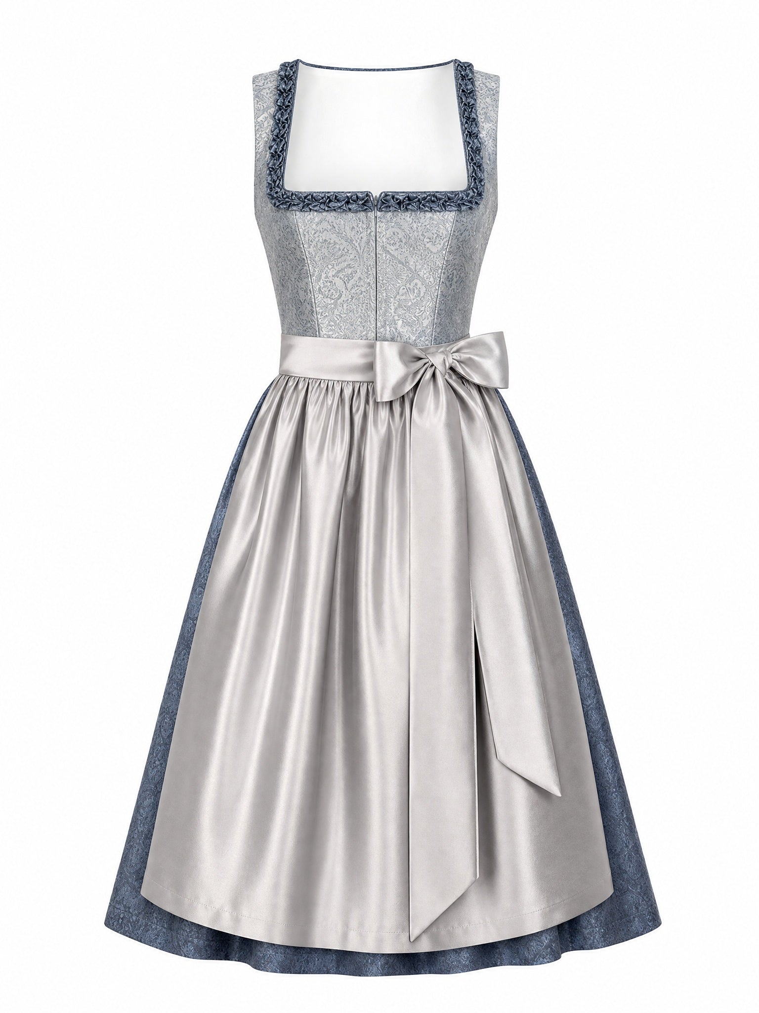 Dirndl Sophia in Silberblau mit Perlgrau Schürze - Vorderansicht