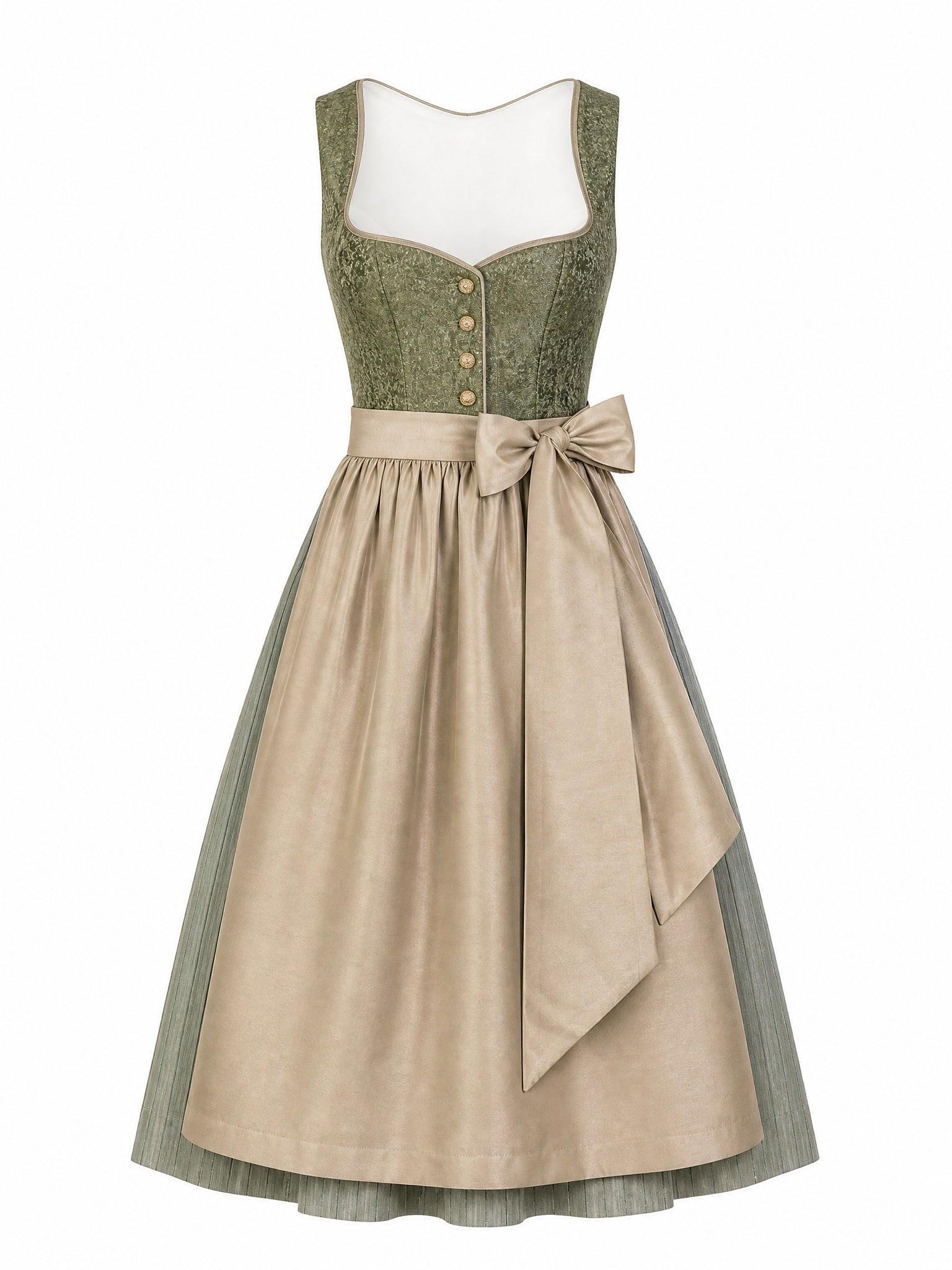 Dirndl Anna in Moosgrün mit Warmer Sand Schürze - Vorderansicht
