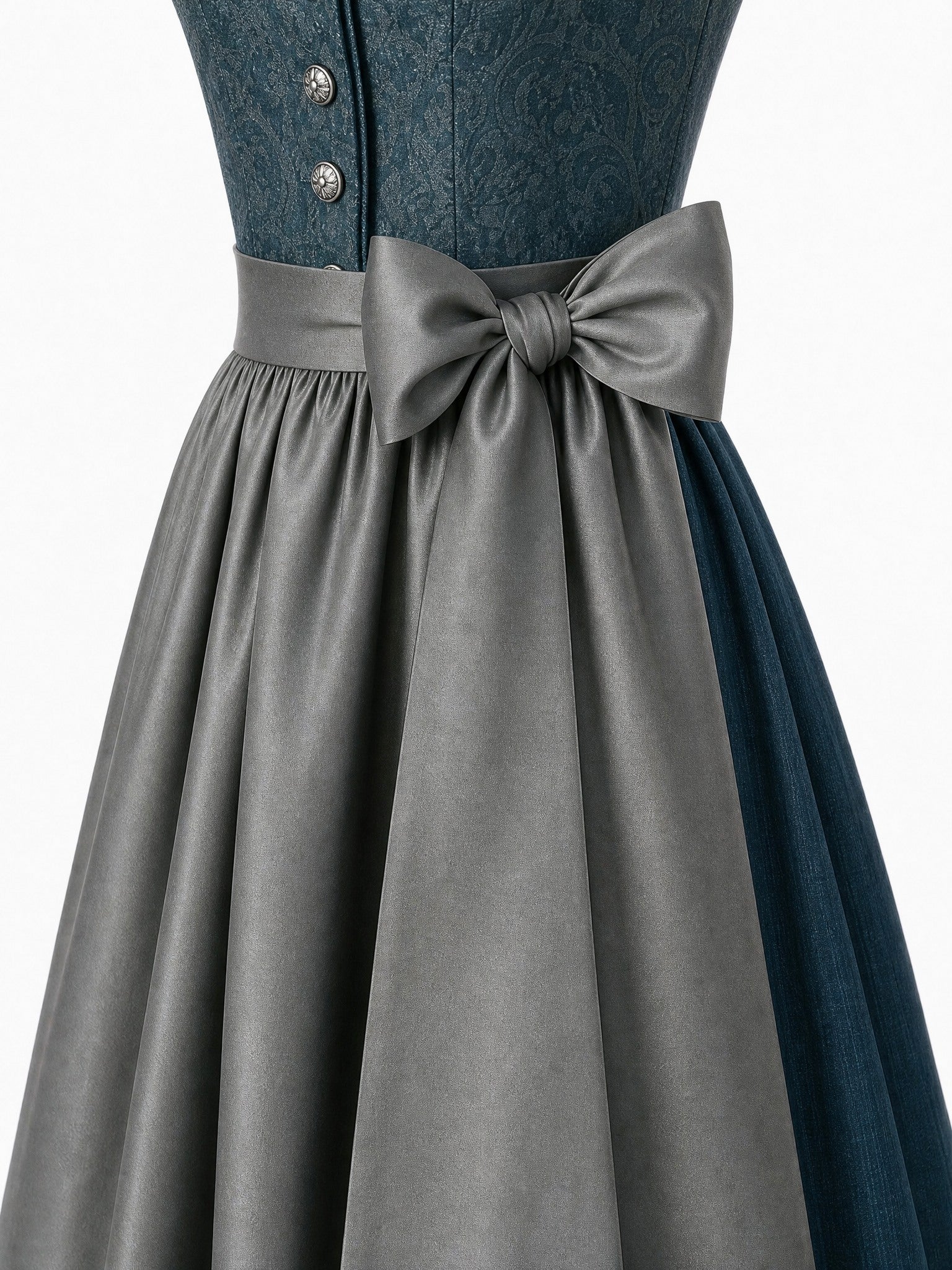 Dirndl Berit in Rauchpetrol mit Pewtergrau Schürze - Detailansicht Taille und Schleife