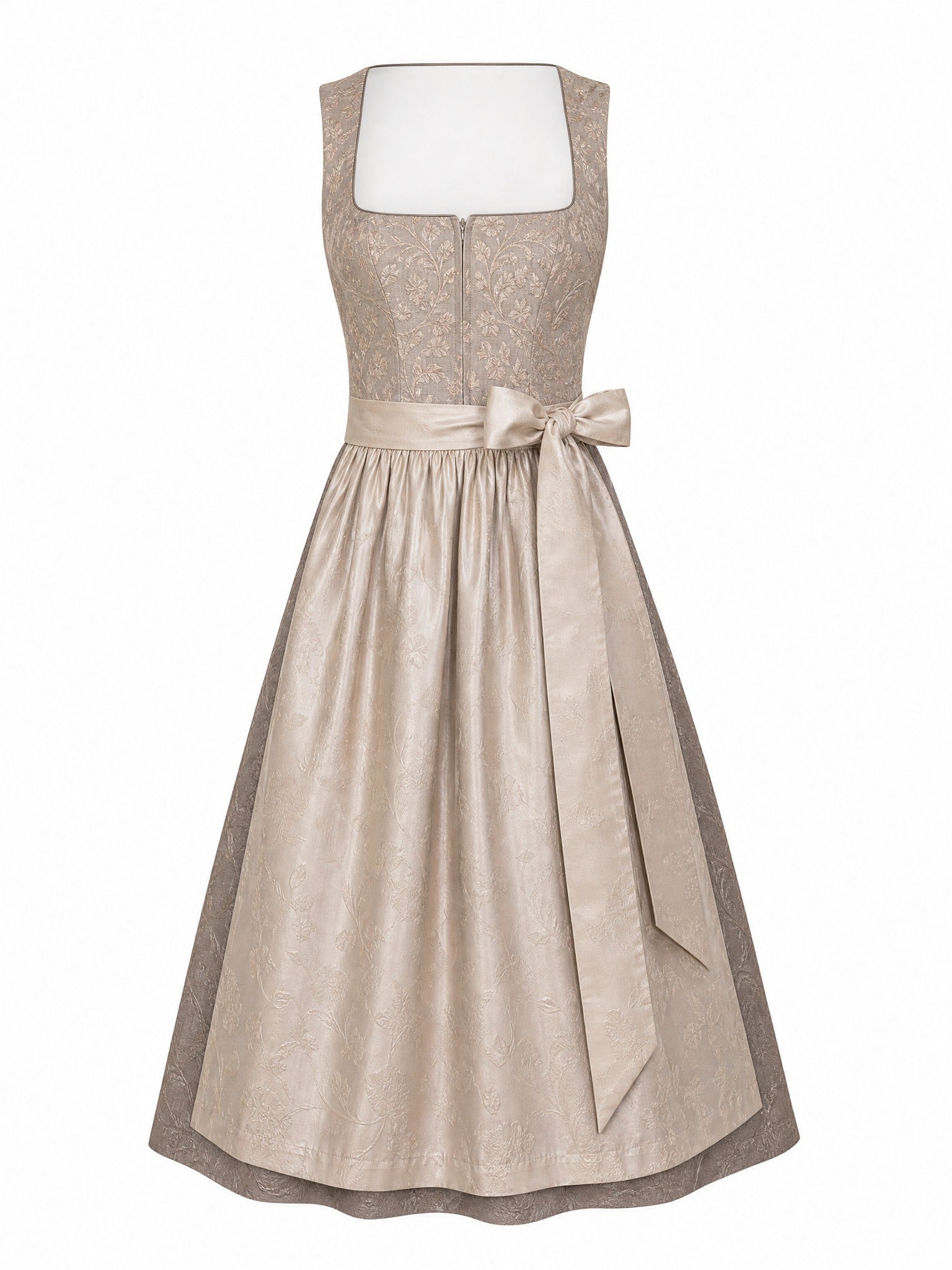 Dirndl Ella in Beigegrau mit Champagner Schürze - Vorderansicht