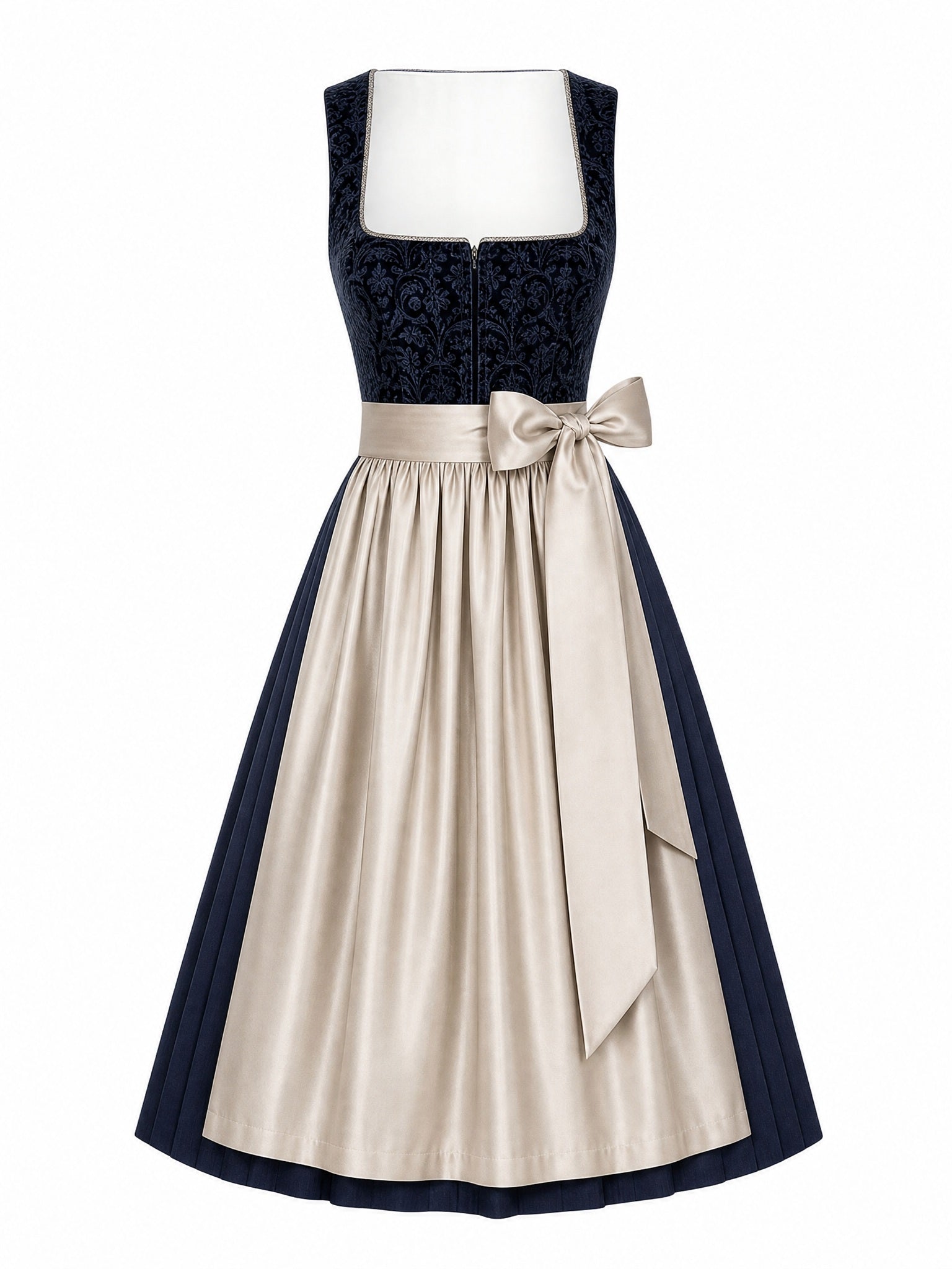 Dirndl Hanna in Mitternachtsblau mit Champagner Schürze - Vorderansicht