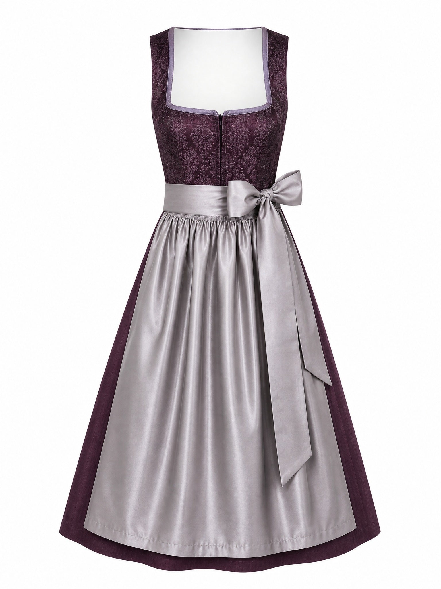 Dirndl Ida in Aubergine mit Perlgrau Schürze - Vorderansicht