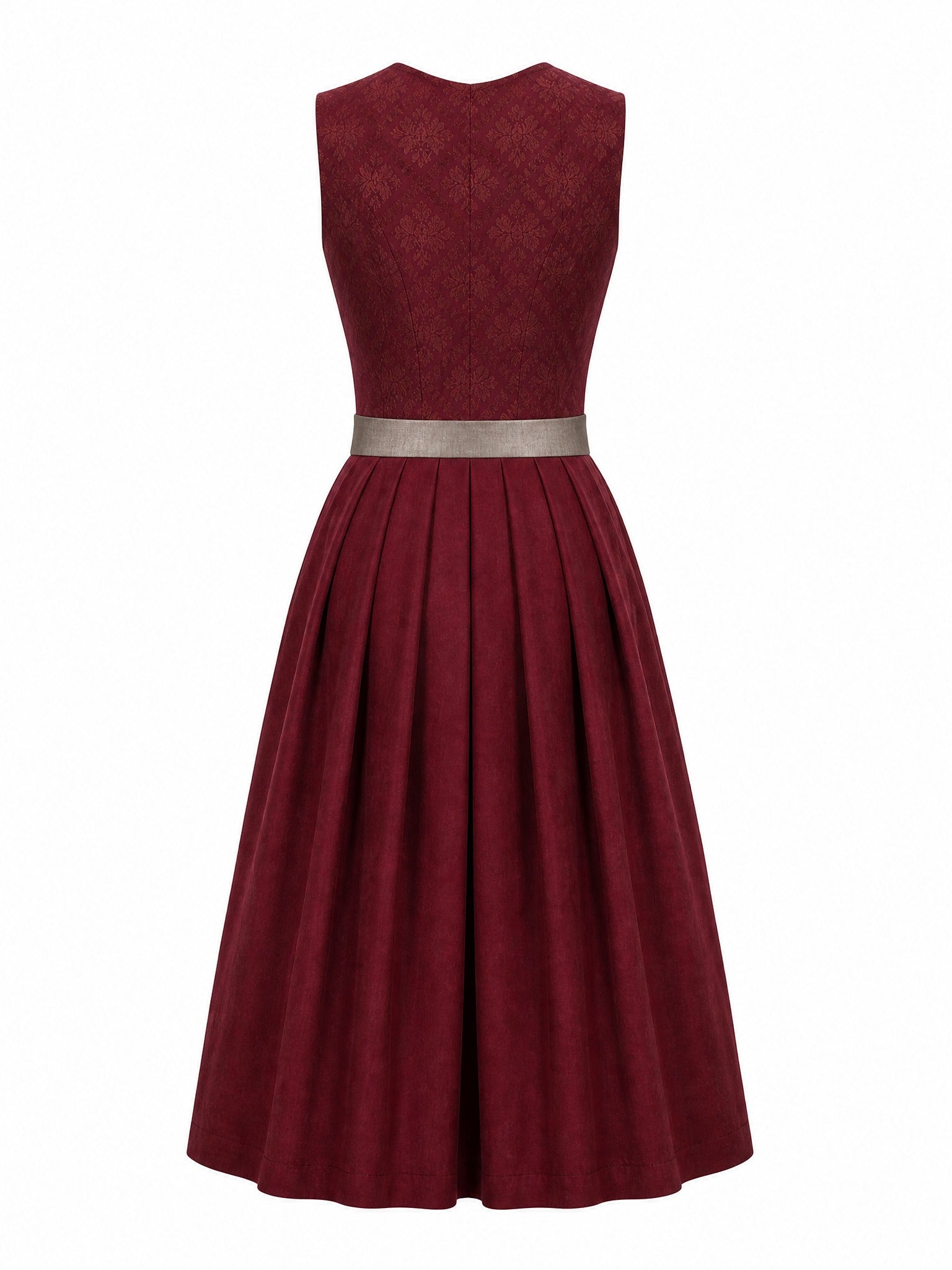 Dirndl Klara in Weinrot mit Taupe Schürze - Rückansicht