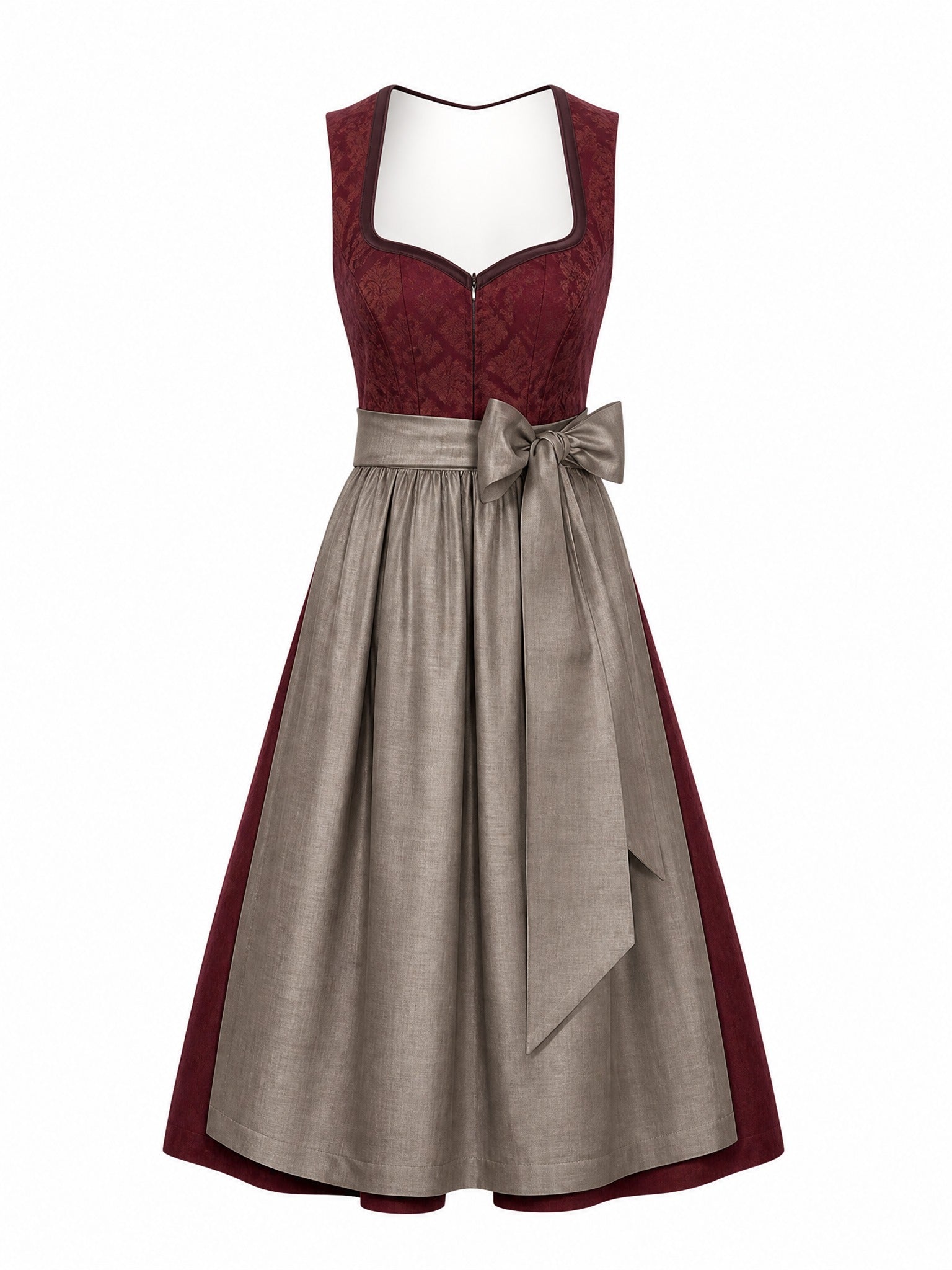 Dirndl Klara in Weinrot mit Taupe Schürze - Vorderansicht