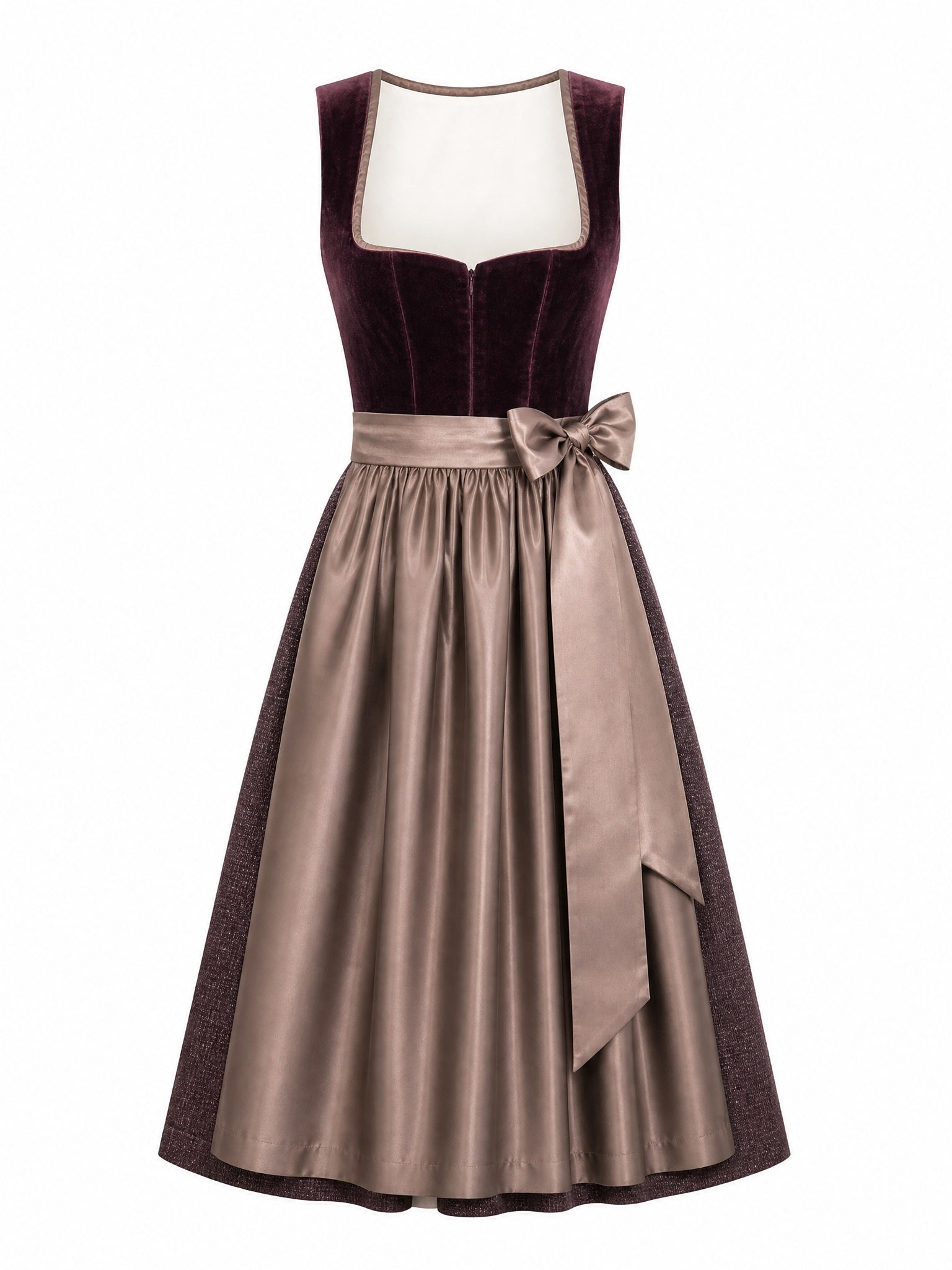 Dirndl Nora in Brombeere mit Taupe Schürze - Vorderansicht