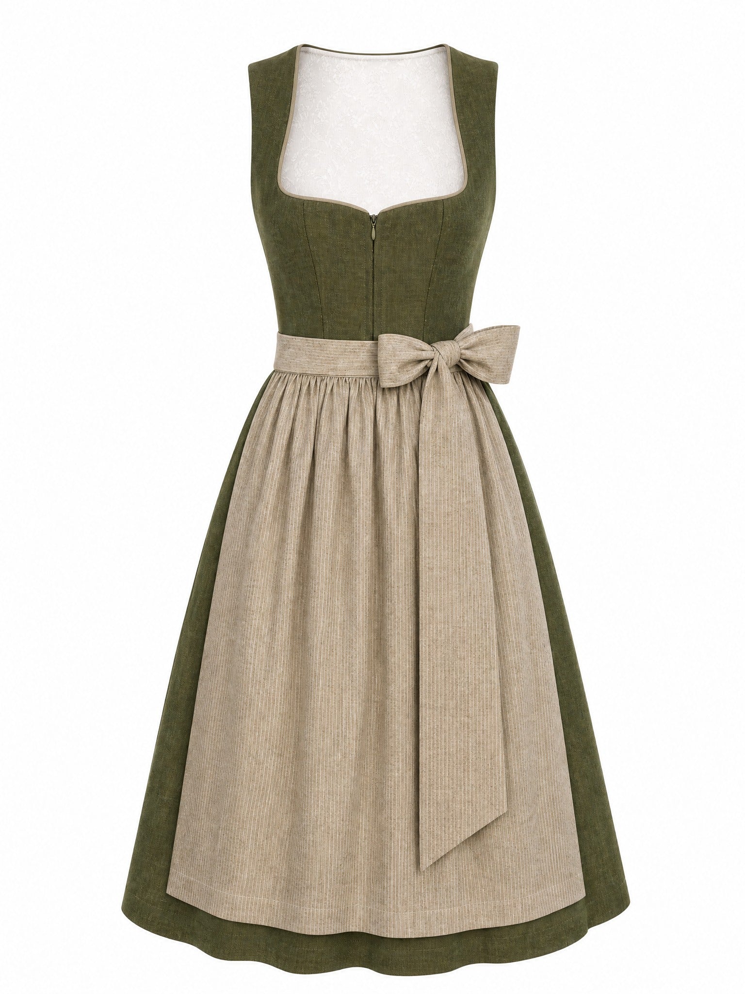 Dirndl Rieke in Dunkeloliv mit Flachs Schürze - Vorderansicht
