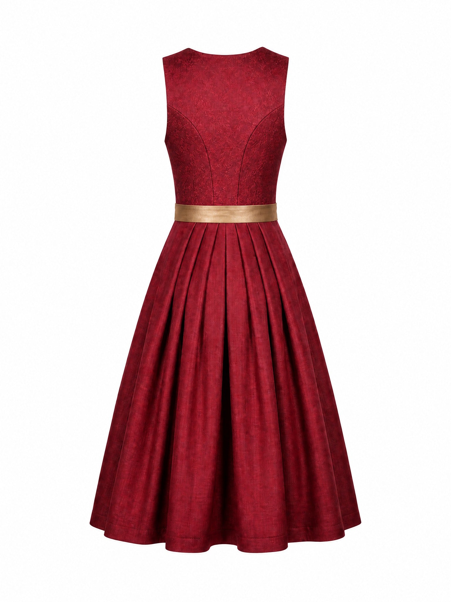 Dirndl Thea in Cranberryrot mit Antikgold Schürze - Rückansicht