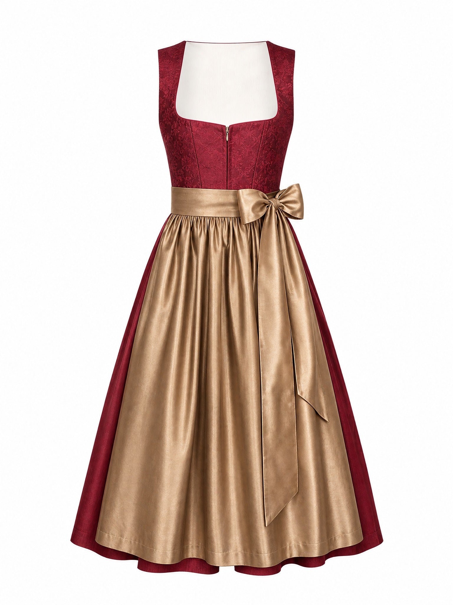Dirndl Thea in Cranberryrot mit Antikgold Schürze - Vorderansicht