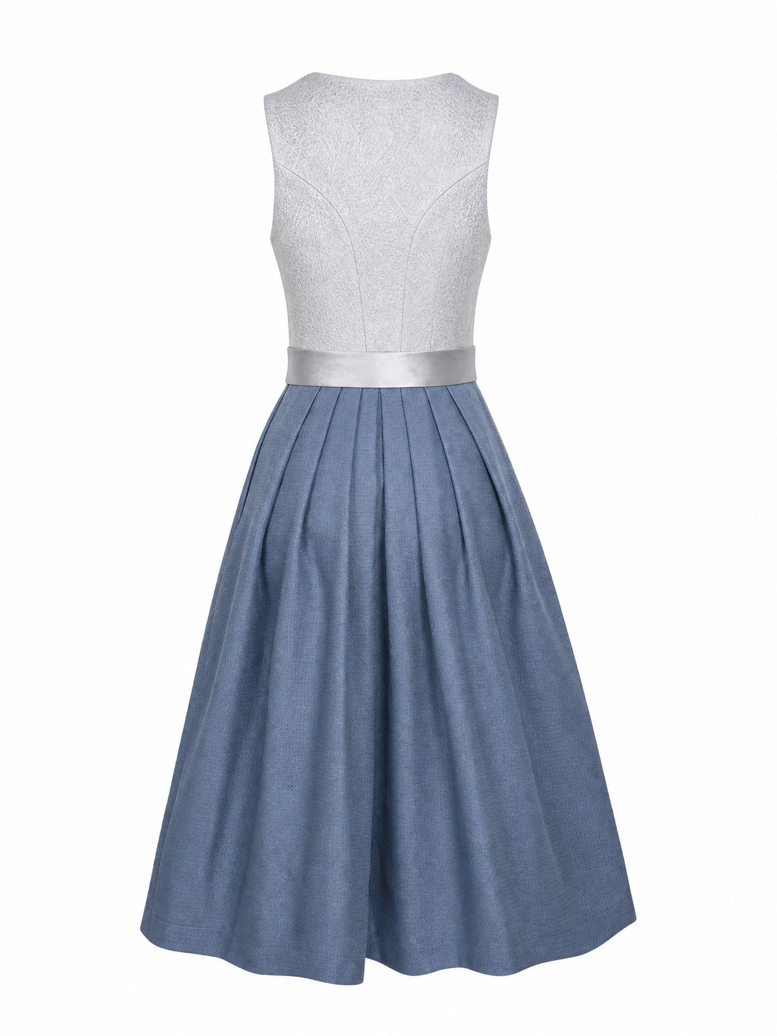Dirndl Amelia in Silberblau mit Perlgrau Schürze - Rückansicht