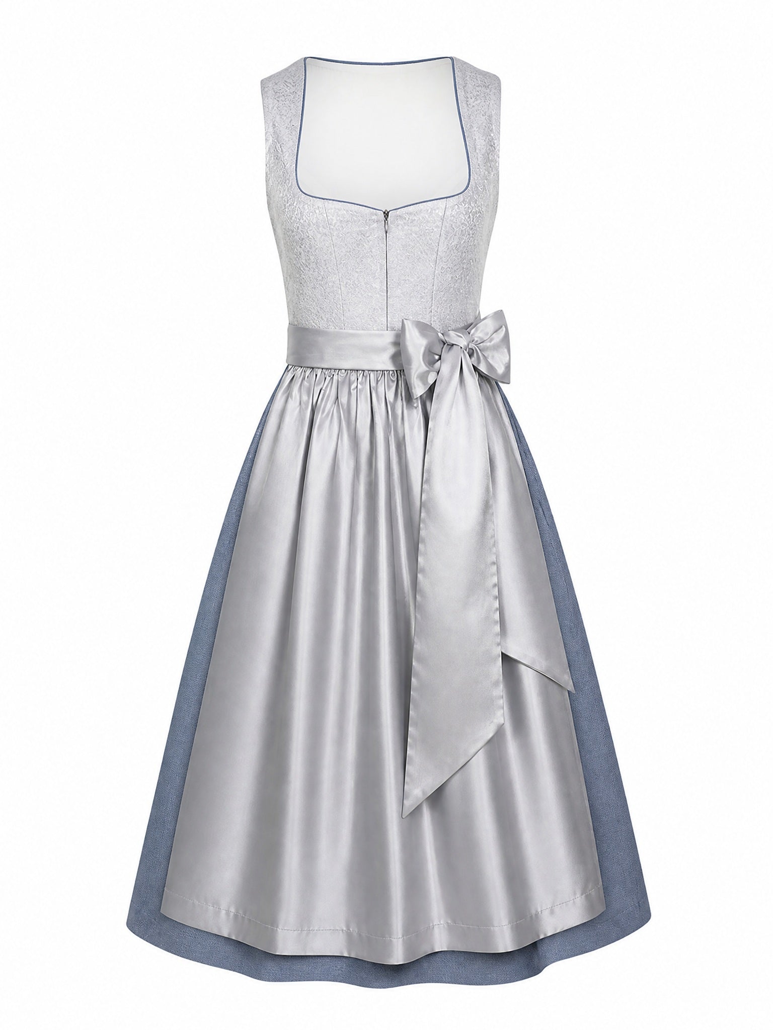 Dirndl Amelia in Silberblau mit Perlgrau Schürze - Vorderansicht