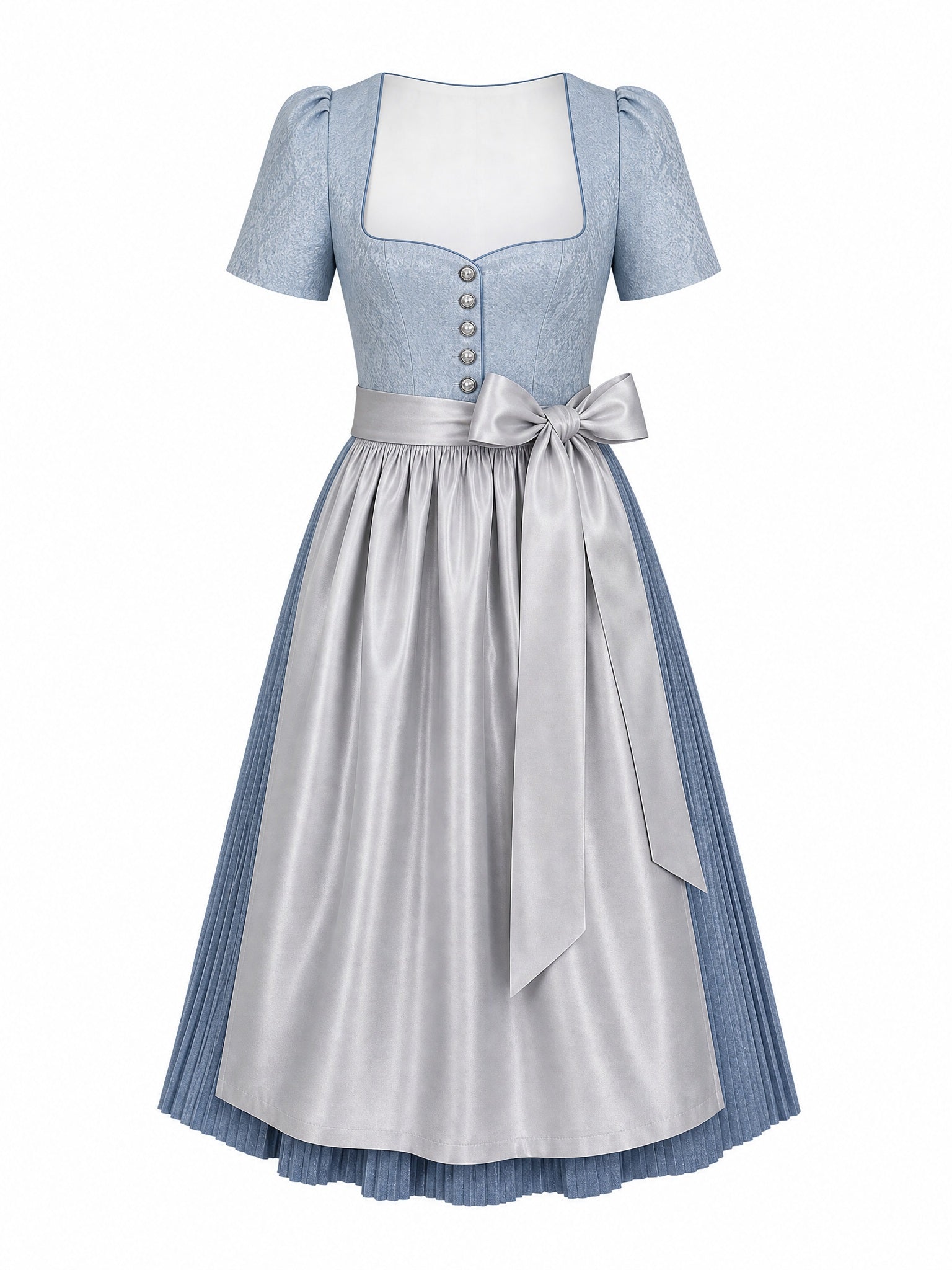 Dirndl Elisa in Puderblau mit Silber Schürze - Vorderansicht