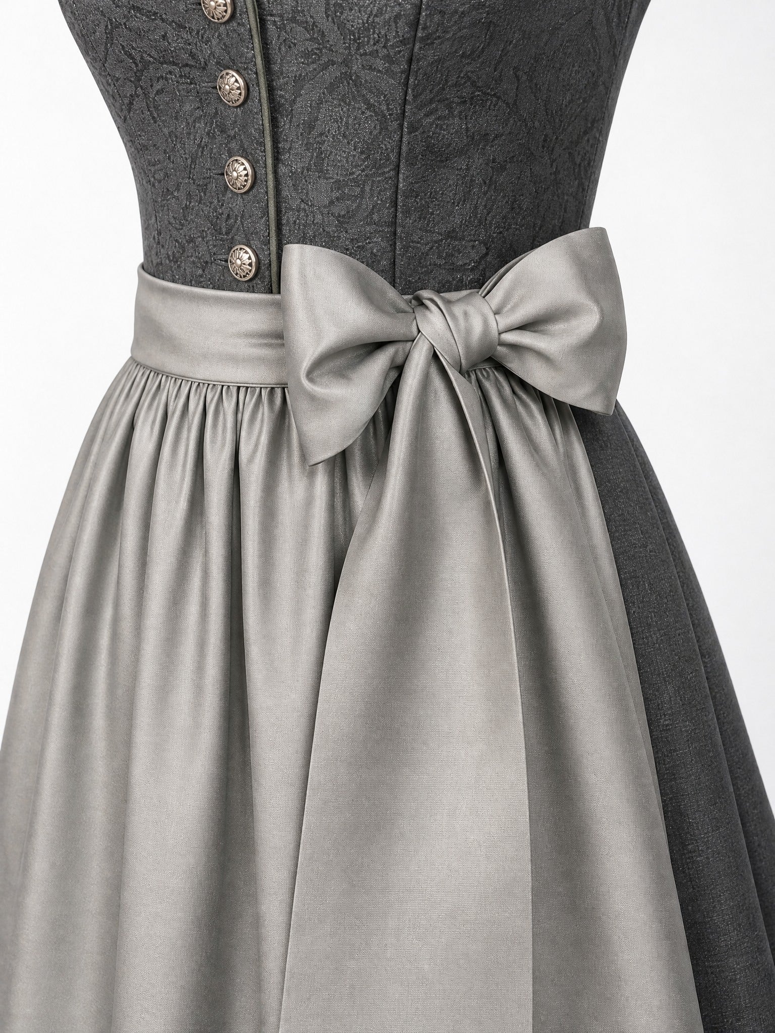 Dirndl Klara in Graphit mit Perlgrau Schürze - Detailansicht Taille und Schleife